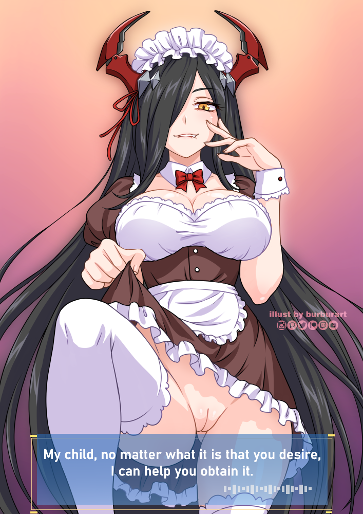 alternate_costume apron artist_name azur_lane biting biting_lip black_hair breasts burbur character_name commentary dress english_commentary english_text eyebrows_visible_through_hair female friedrich_der_grosse_(azur_lane) from_below hair_ornament hair_over_one_eye hand_to_own_mouth horn_ornament horns lifted_by_self lips long_hair looking_at_viewer looking_down maid maid_apron maid_headdress mechanical_horns panties pantyshot red_horns ribbon skirt skirt_lift smile standing underwear upskirt waist_apron watermark white_apron white_legwear yellow_eyes