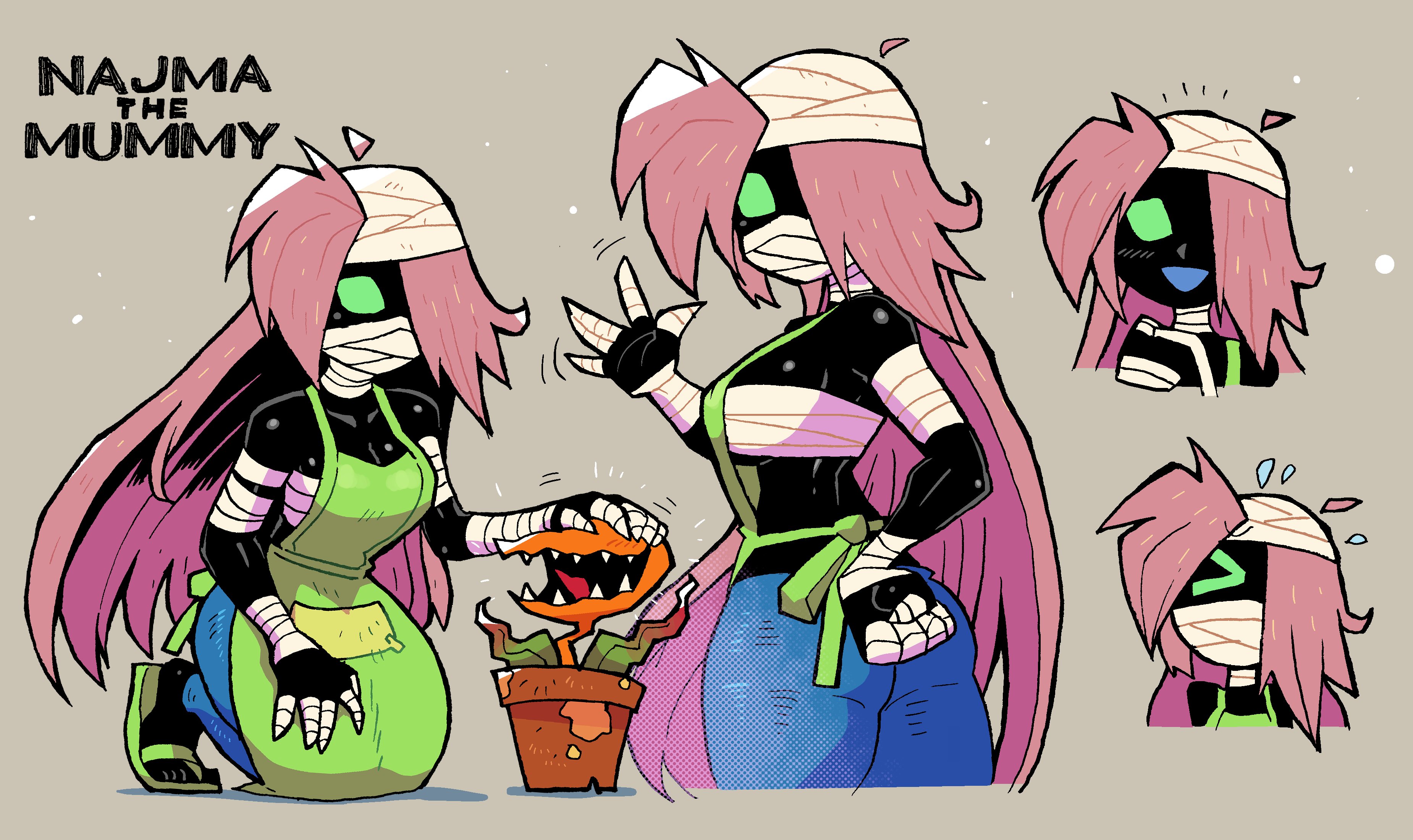 1girls, bandage, black skin, collage, crap-man, cute, female, female only, green eyes, looking at viewer, looking back, monster girl, mummy, original, original character, pink hair, tagme