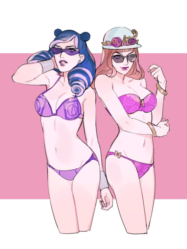 2girls armband bikini blue_eyes bracelets breasts duo female hair_buns hat holy_joestar-kira human jojo's_bizarre_adventure jojolion kaato_higashikata lipstick long_hair milf mother nail_polish purple-tinted_eyewear purple_eyes shounen_jump sunglasses tinted_eyewear