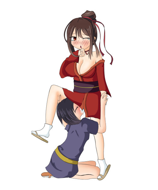 2girls big_breasts blue_hair blush brown_hair eating_out female female/female female_only kagura_games kimono kunoichi kunoichi_botan multiple_girls ninja red_eyes sandals small_breasts socks yasuzu yukata yuri