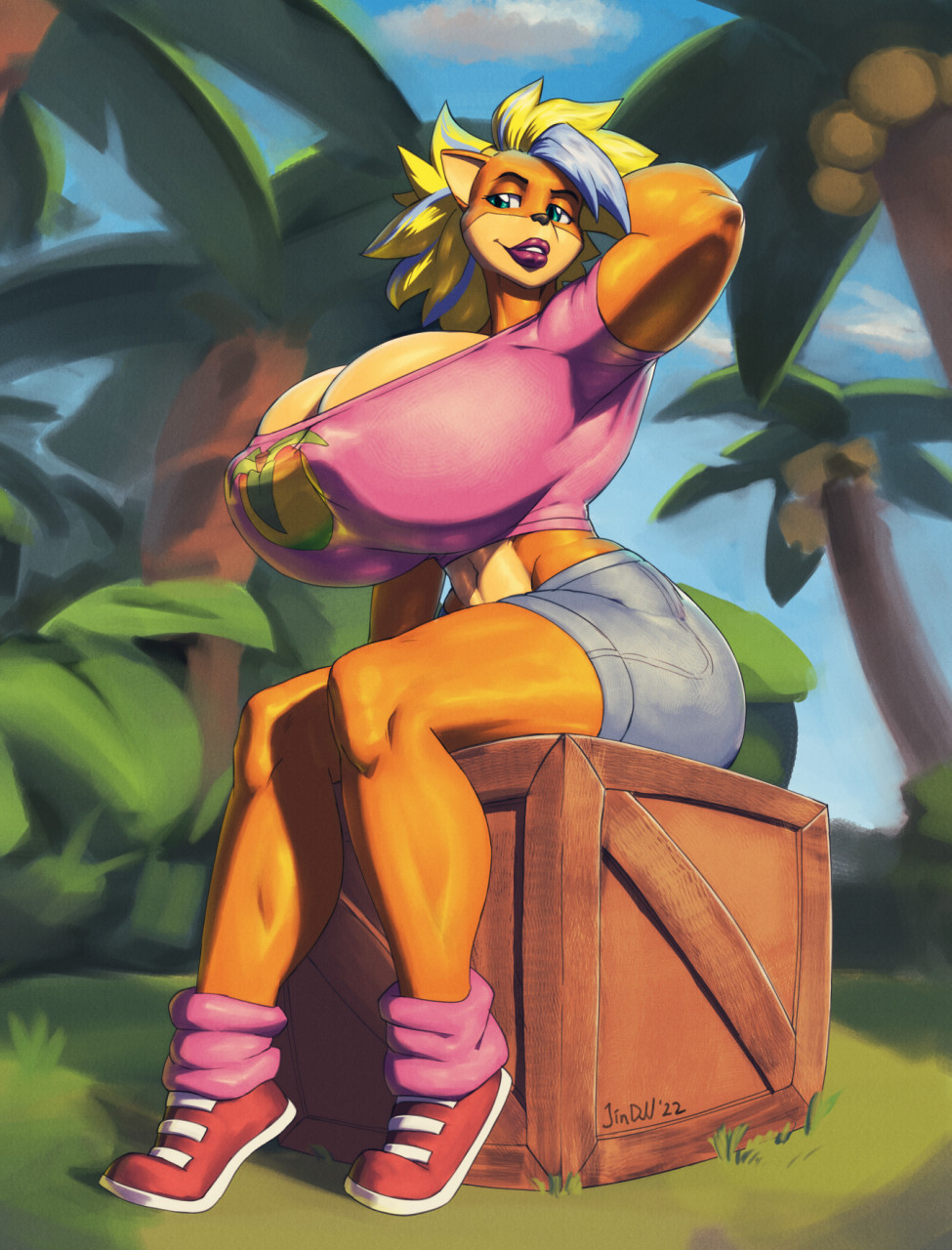 1girls alternate_costume anthro arm_behind_back arm_behind_head arm_up armpit bandicoot big_breasts breasts cleavage crash_(series) crash_bandicoot_4:_it's_about_time crate full_body fur furry huge_breasts jindragowolf large_breasts lipstick pirate_tawna shoes shorts sitting smile solo tawna_bandicoot tawna_bandicoot_(crash_4) teeth tight_clothing