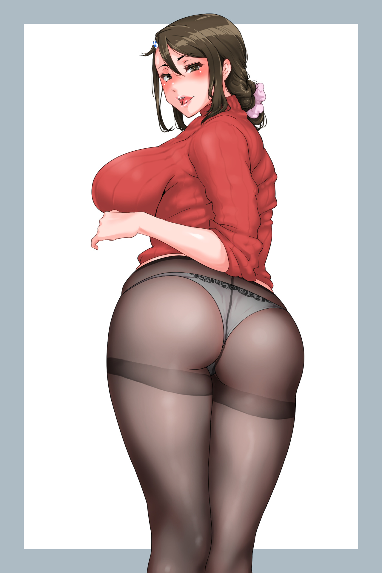 2020, ass, ass focus, blush, breasts, brown hair, curvy, eyebrows, eyebrows visible through hair, eyelashes, female, female focus, female only, kurokorune, looking at viewer, looking back, mature, mature female, open mouth, original, original character, panties, panties under pantyhose, pantyhose, plump, red sweater, side view, sideboob, simple background, solo, solo female, solo focus, standing, sweater, white background, white panties