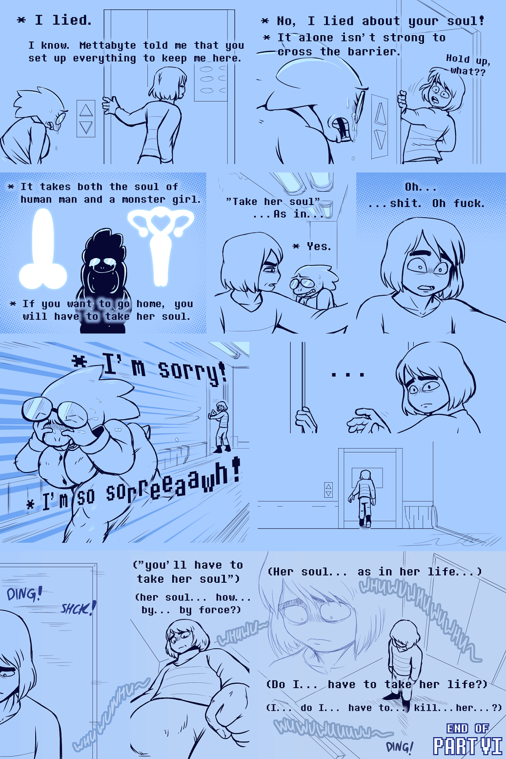 2021 alphys alternate_universe anthro bodily_fluids bulge comic crying elevator female frisk frisky_(under(her)tail) hi_res human lizard male mammal reptile running scalie syhpla tears text thewill under(her)tail undertale video_games worried worried_expression worried_look