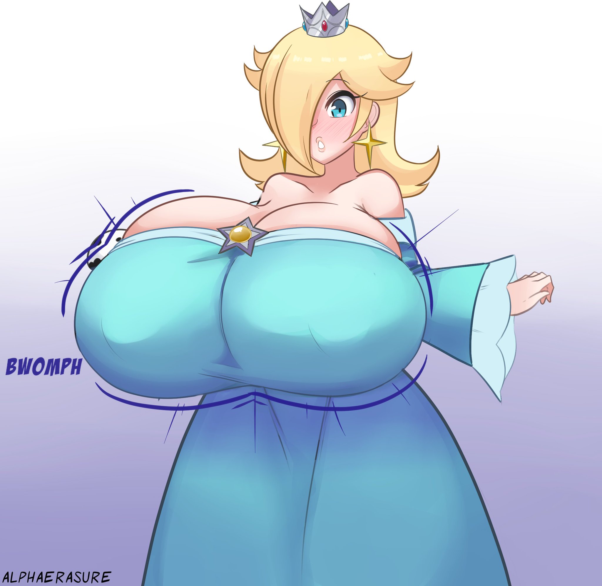 1girls, alphaerasure, artist name, bare shoulders, blonde hair, blue background, blue eyes, blush, blushing, breast expansion, breast growth, breast growth (enlargement), breasts, clothed, clothes, clothing, crown, earrings, erect nipples, eyebrows, eyebrows visible through hair, eyelashes, female, female only, gradient background, hair, hair over one eye, human, humanoid, hyper, hyper breasts, looking at breasts, mammal, mario (series), motion lines, nintendo, nipple bulge, nipples, princess rosalina, simple background, solo, solo female, sound effects, standing, super mario galaxy, text, voluptuous, watermark