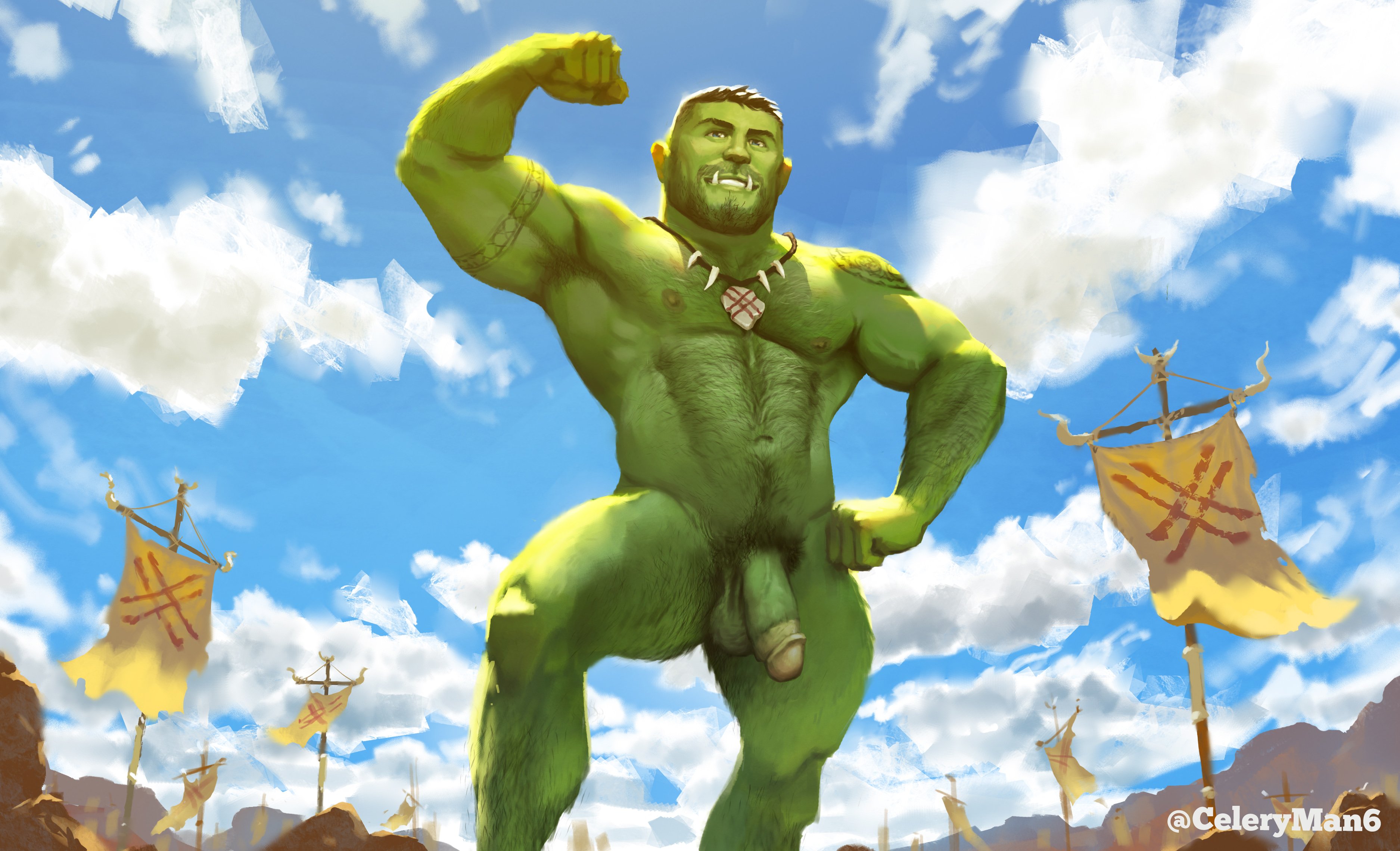 1boy, abs, armpits, balls, ballsack, beard, beefy, biceps, blue eyes, body hair, celery man6, circumcised, circumcision scar, dangling balls, dangling testicles, exposed, facial hair, flaccid, flaccid penis, flexing, green skin, hairy, hairy male, humanoid, humanoid penis, low hanging balls, male, male nipples, male only, male pubic hair, masculine, mature male, muscular, muscular male, necklace, nipples, nude, nude male, orc, orc male, outside, pecs, penis, pubes, pubic hair, public nudity, scrotum, solo, solo male, stubble, tattoos, testicles, thick thighs, tusks, veiny penis