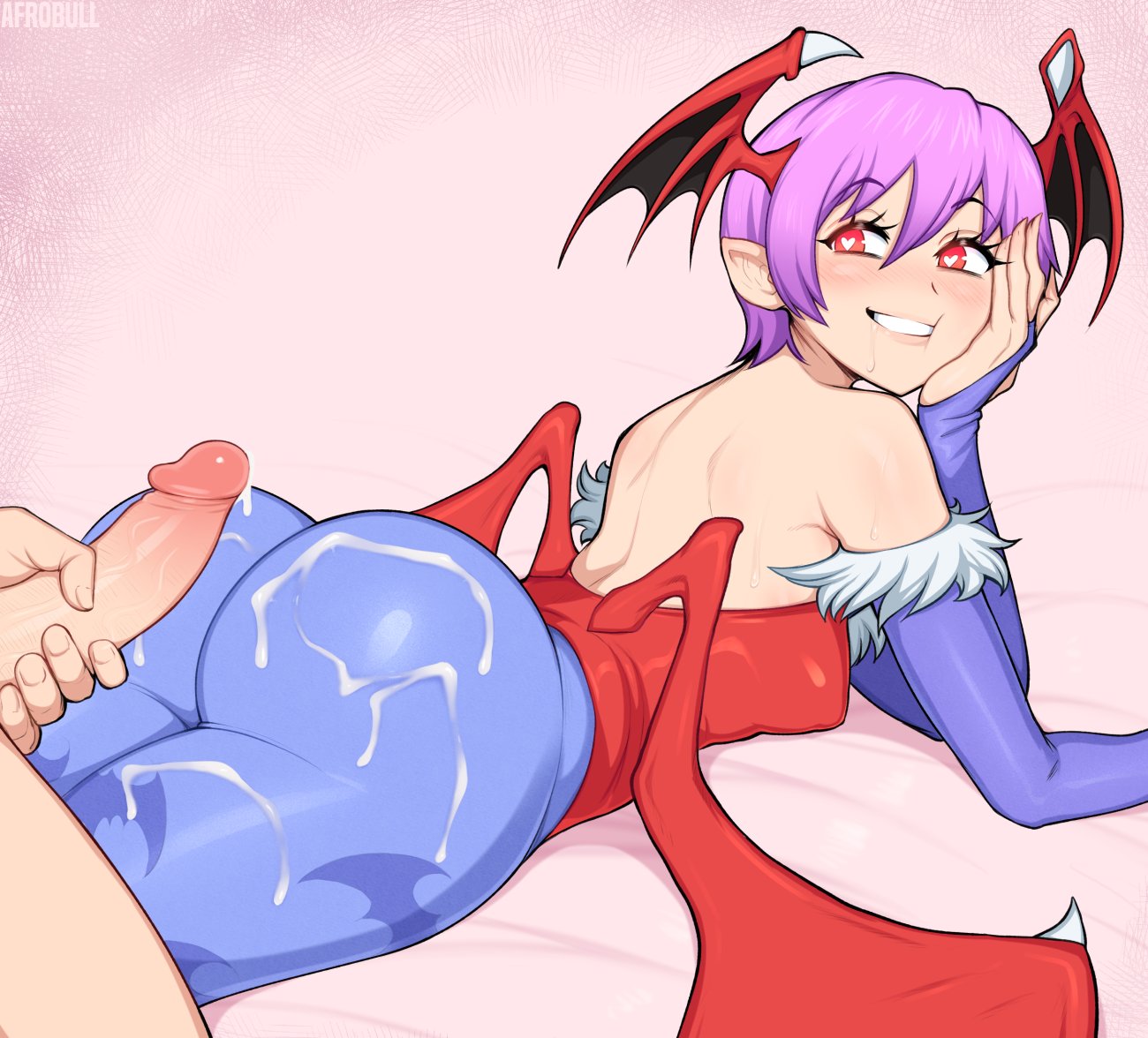 1boy, 1girls, afrobull, arm gloves, ass, bat print, blue pantyhose, blush, breasts, capcom, clothed female nude male, clothing, cum, cum on ass, cum outside, darkstalkers, demon, demon wings, drooling, female, female focus, flat chest, hand on cheek, head wings, heart-shaped pupils, leaning on elbow, leotard, lilith aensland, looking back, lying, lying on bed, lying on stomach, male, nude, nude male, pantyhose, penis, penis grab, pink hair, pointy ears, red eyes, round ass, short hair, small breasts, smiling, succubus, wings