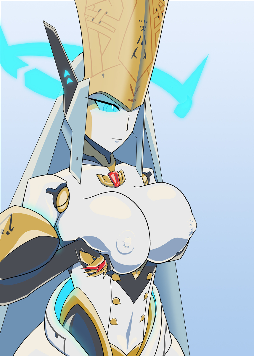 1girls anassa android blue_eyes c_o_d_a_(artist) crown cygames dragalia_lost false_hair glowing_eyes gynoid halo hand_on_breast hologram large_breasts looking_down neutral_expression nintendo robot robot_girl white_skin