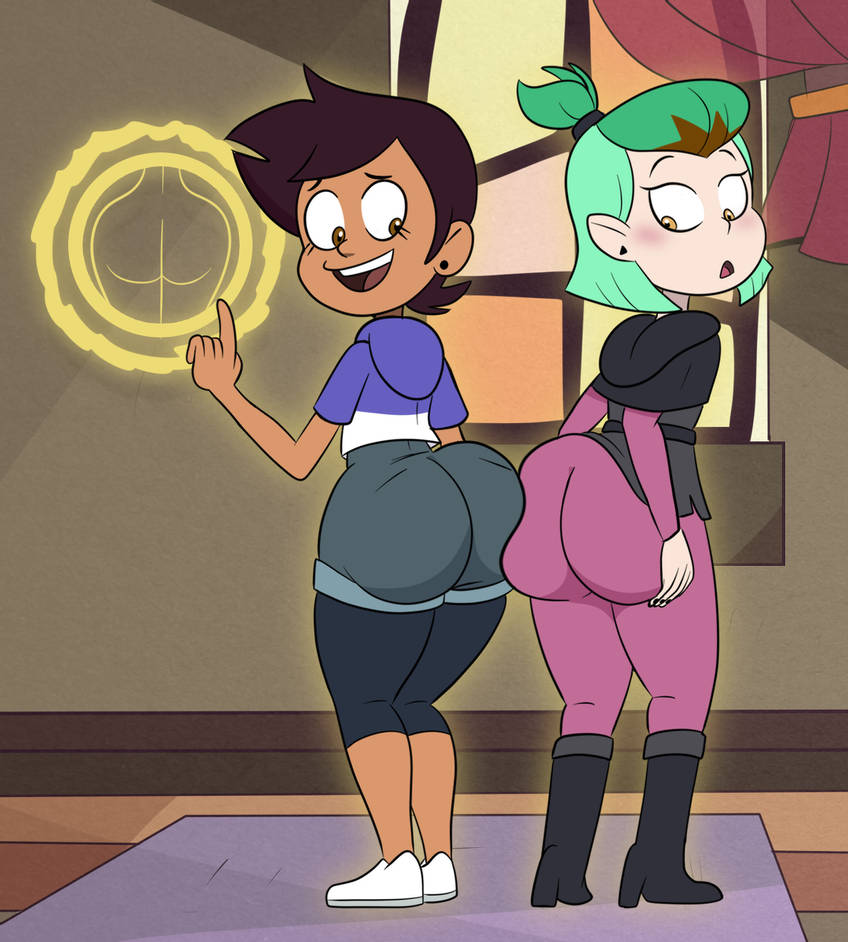 2girls, amity blight, ass, ass expansion, blush, bottom heavy, brown hair, bubble ass, bubble butt, canon couple, chocolate and vanilla, clothing, dark skin, dark-skinned female, disney, disney channel, dominican, double ass focus, dyed hair, eyelashes, female, female only, giant ass, green hair, hexside uniform, hispanic, human, humanoid, latina, light skin, light-skinned female, luz noceda, magic, magic user, multiple females, multiple girls, pale skin, school uniform, scobionicle99, short hair, standing, straight hair, the owl house, tights, tunic, uniform, witch