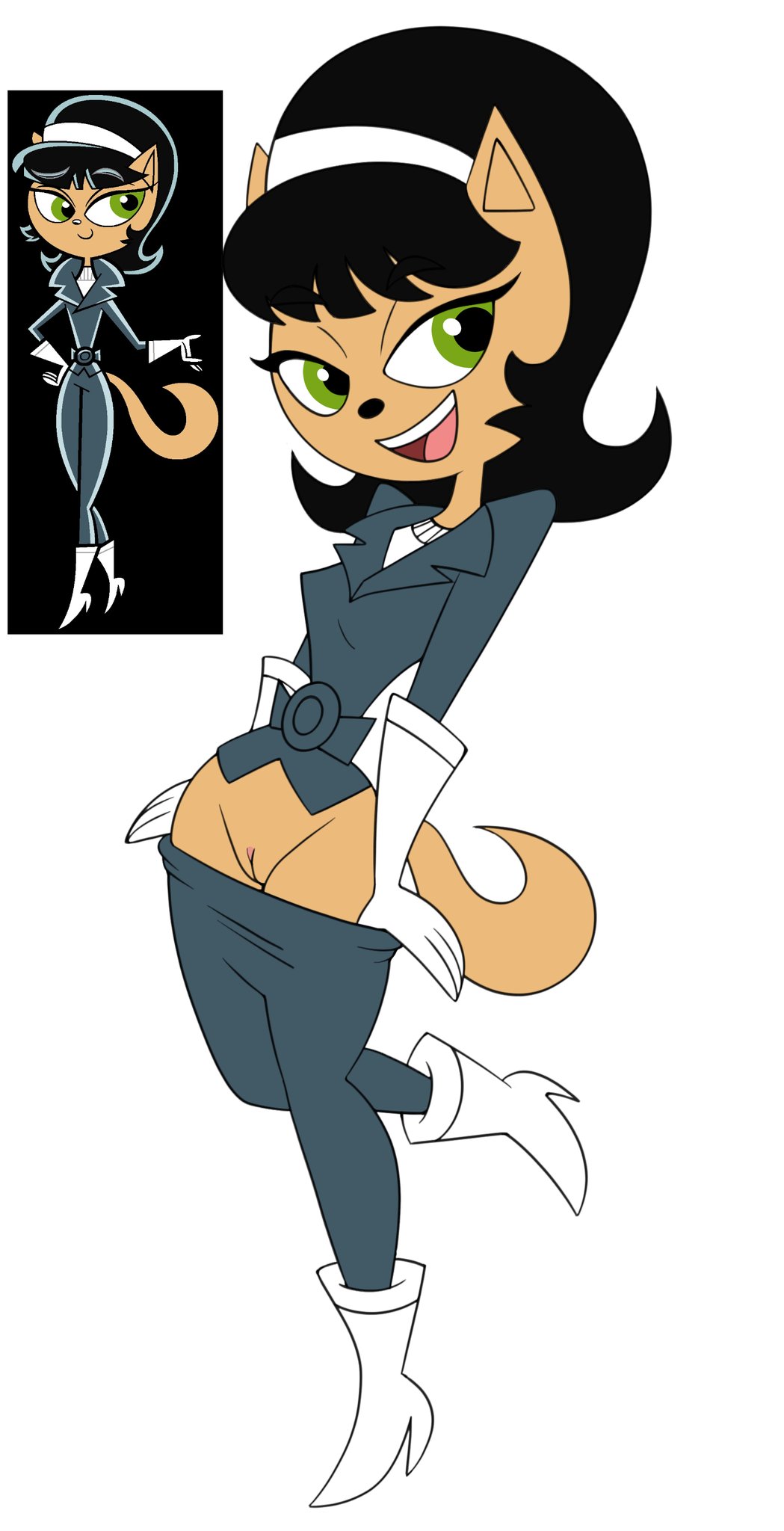 2021 accurate_art_style anthro black_hair boots chipposter feline gloves green_eyes hair heels kitty_katswell nickelodeon one_leg_up open_mouth pants pants_down pulling_down_pants pussy reference_image smile solo solo_focus suit t.u.f.f._puppy tail vagina