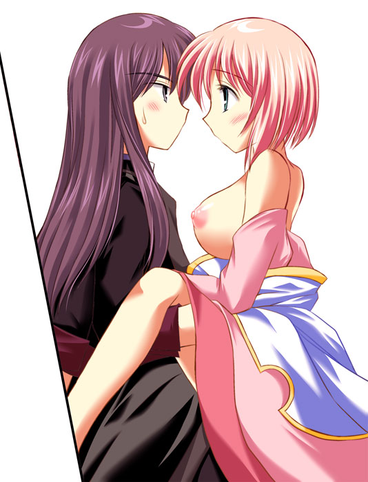 1girls blush breasts estellise_sidos_heurassein female long_hair nipples pink_hair short_hair sweat tales_of_(series) tales_of_vesperia tamagawa_yukimaru yuri_lowell