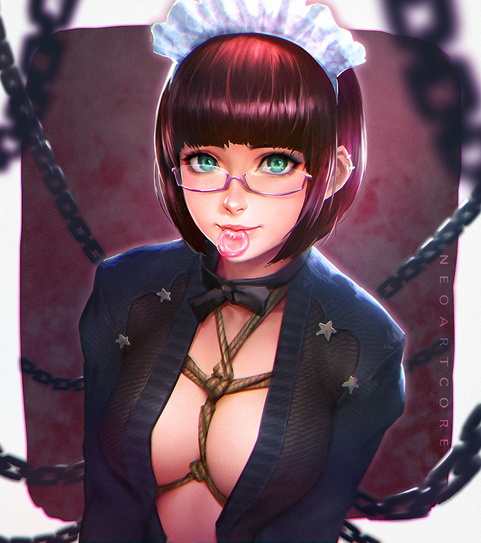 blue eyes, bondage, chains, cleavage, condom, female, glasses, looking at viewer, maid, maid headdress, mouth hold, neoartcore, original, original character, red hair, ropes, shibari, short hair, solo, unnamed character