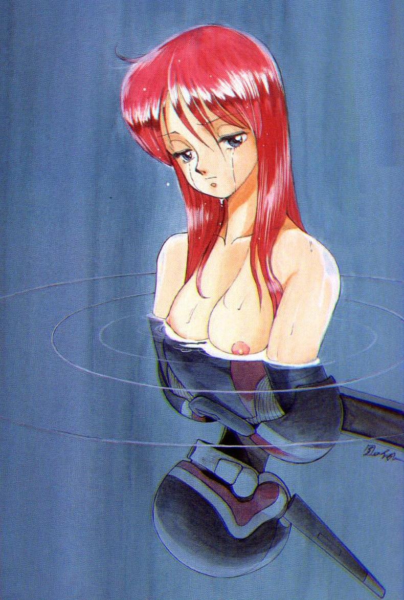 1girls 80s breasts bubblegum_crisis female hardsuit human large_breasts light-skinned_female light_skin long_hair nene_romanova nipples nude official_art pink_hair police policewoman power_armor power_suit reflection solo sonoda_ken'ichi water wet