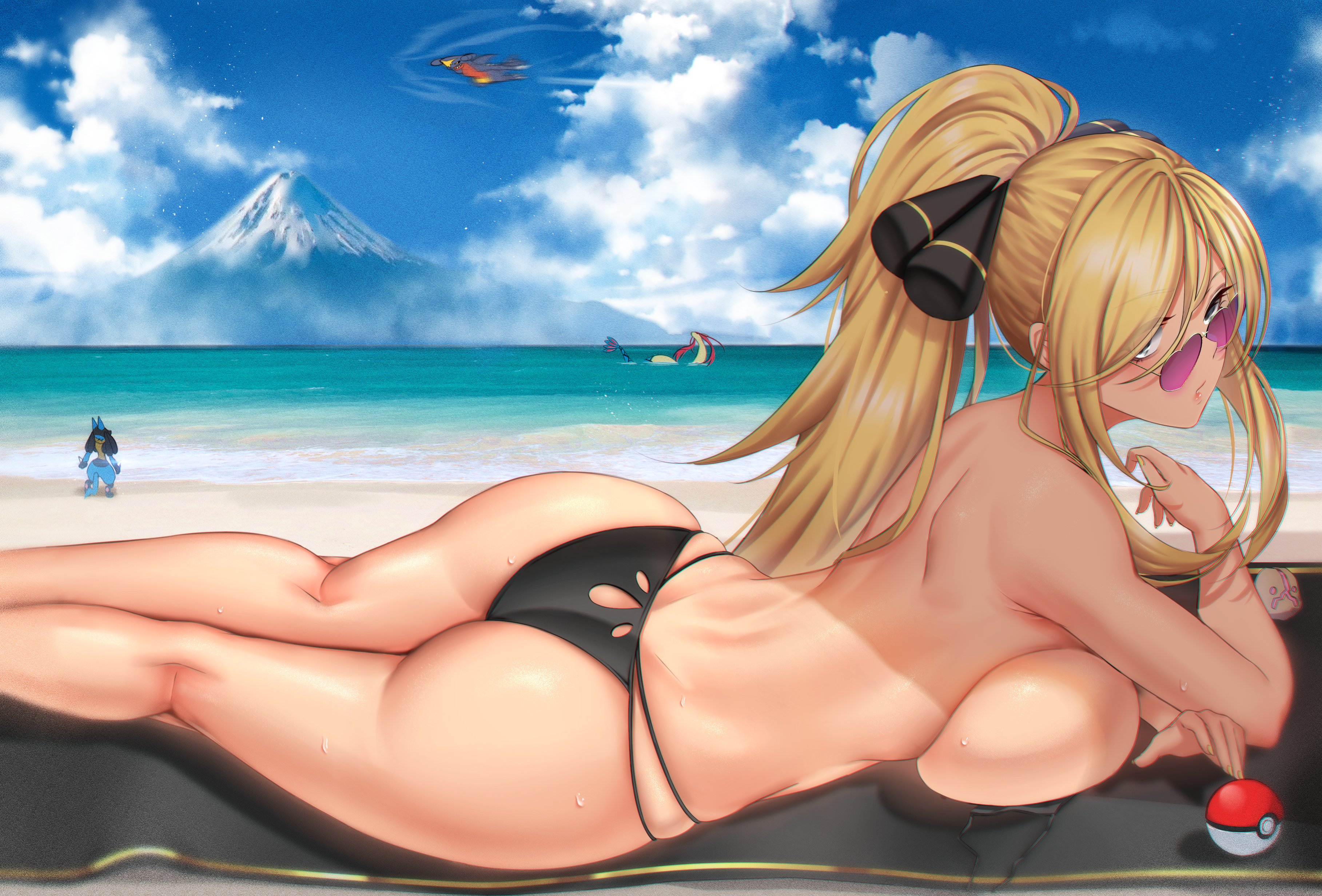 1girls, alternate breast size, anima (togashi), ass, backboob, bikini bottom, blonde hair, breasts, convenient censoring, cynthia (pokemon), eyebrows visible through hair, female, hair over one eye, heart-shaped eyewear, huge breasts, large breasts, looking over eyewear, looking over glasses, looking over sunglasses, milf, outdoors, pokemon, pokemon dppt, purple-tinted eyewear, sunglasses, thick thighs, thighs, tied hair, tinted eyewear, topless