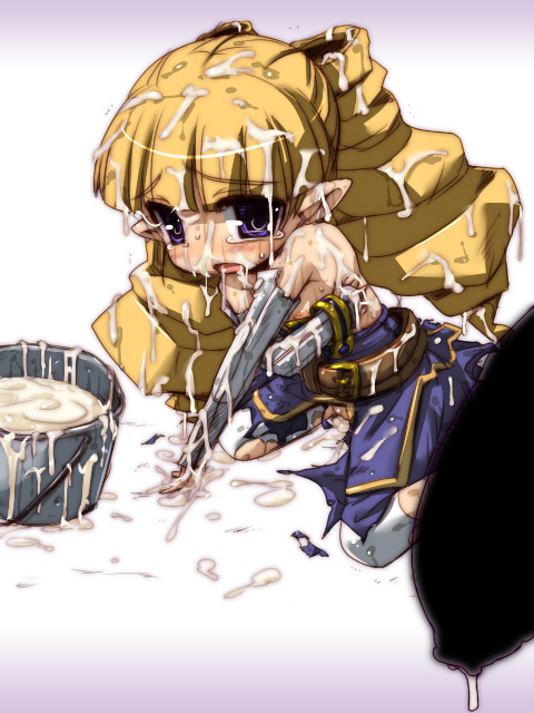 archer_(disgaea) bare_shoulders blonde_hair blue_eyes bucket bukkake cum cum_bucket disgaea dress flaccid_penis gauntlets hirowa_nagi on_knees penis penis_dripping pointy_ears ringlets tears torn_dress twintails