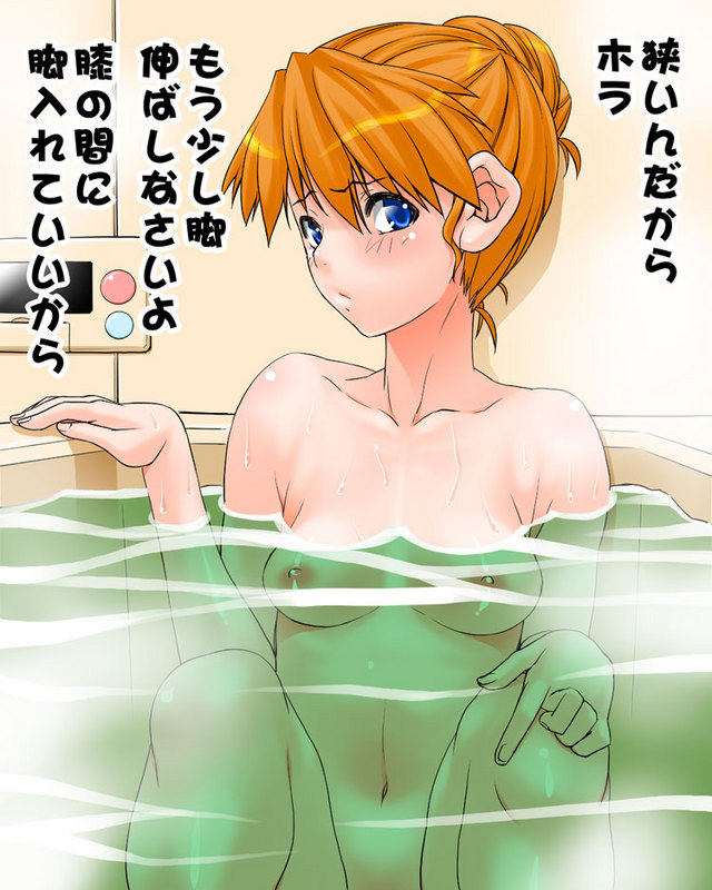 asuka_langley_sohryu bath blue_eyes blush breasts embarrassed hair_up medium_breasts neon_genesis_evangelion nipples nude orange_hair shinama translation_request water wet