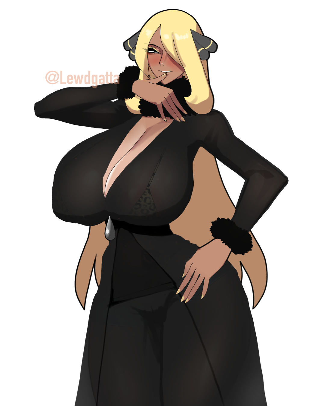 1girls alternate_breast_size blonde_hair blush clothed cynthia_(pokemon) dark_skin gattame large_breasts leopard_print lewdgatta pokemon queen_of_spades simple_background spade tanned tattoo thick_thighs transparent_clothing wide_hips