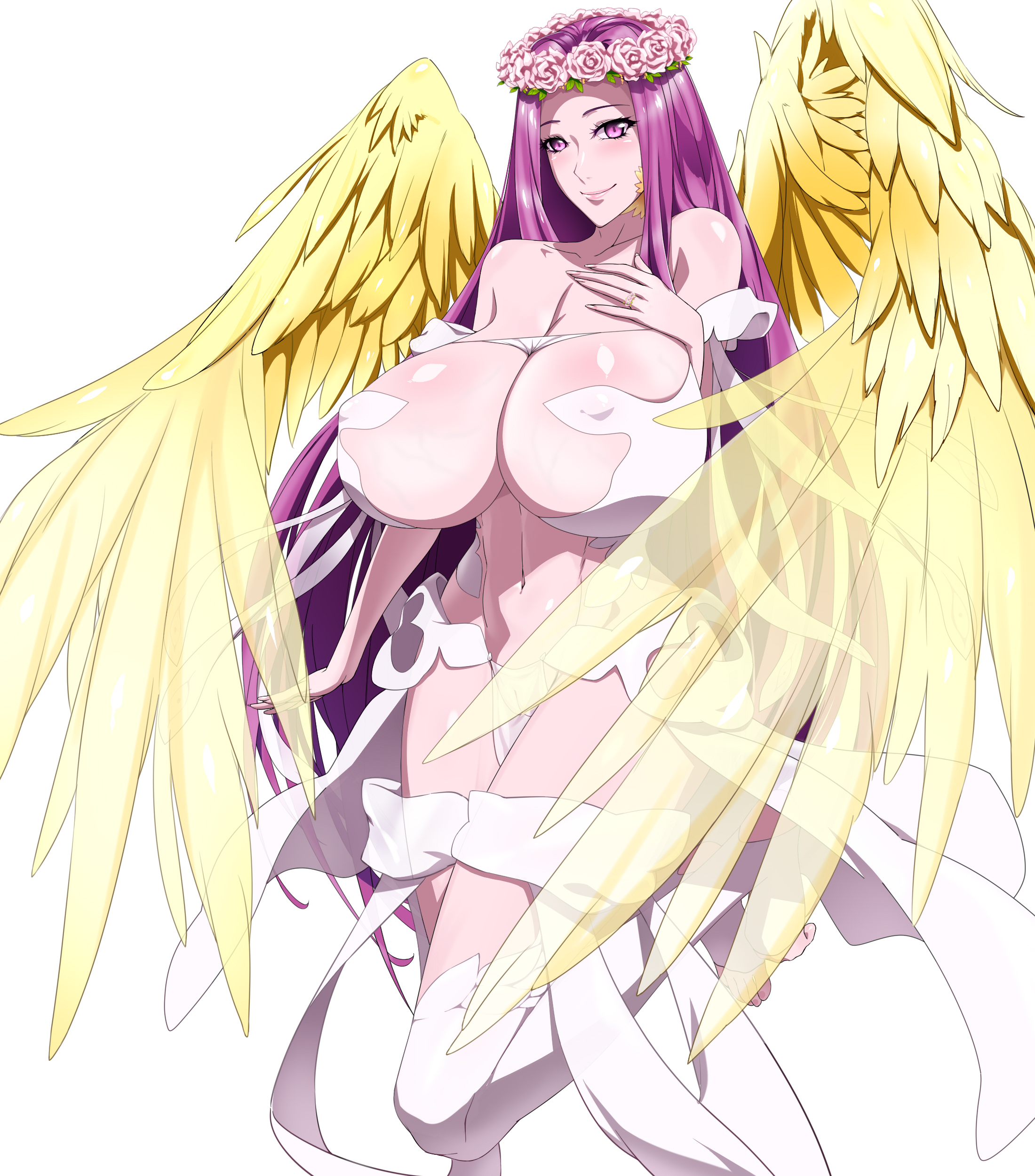 absurdres, angel wings, angle, blush, breasts, cleavage, fate (series), fate/grand order, female, female focus, flower wreath, gorgon (fate), highres, huge breasts, long hair, looking at viewer, medusa (fate), navel, purple eyes, purple hair, revealing clothes, shoujo donburi, smile, solo, thighhighs, wings