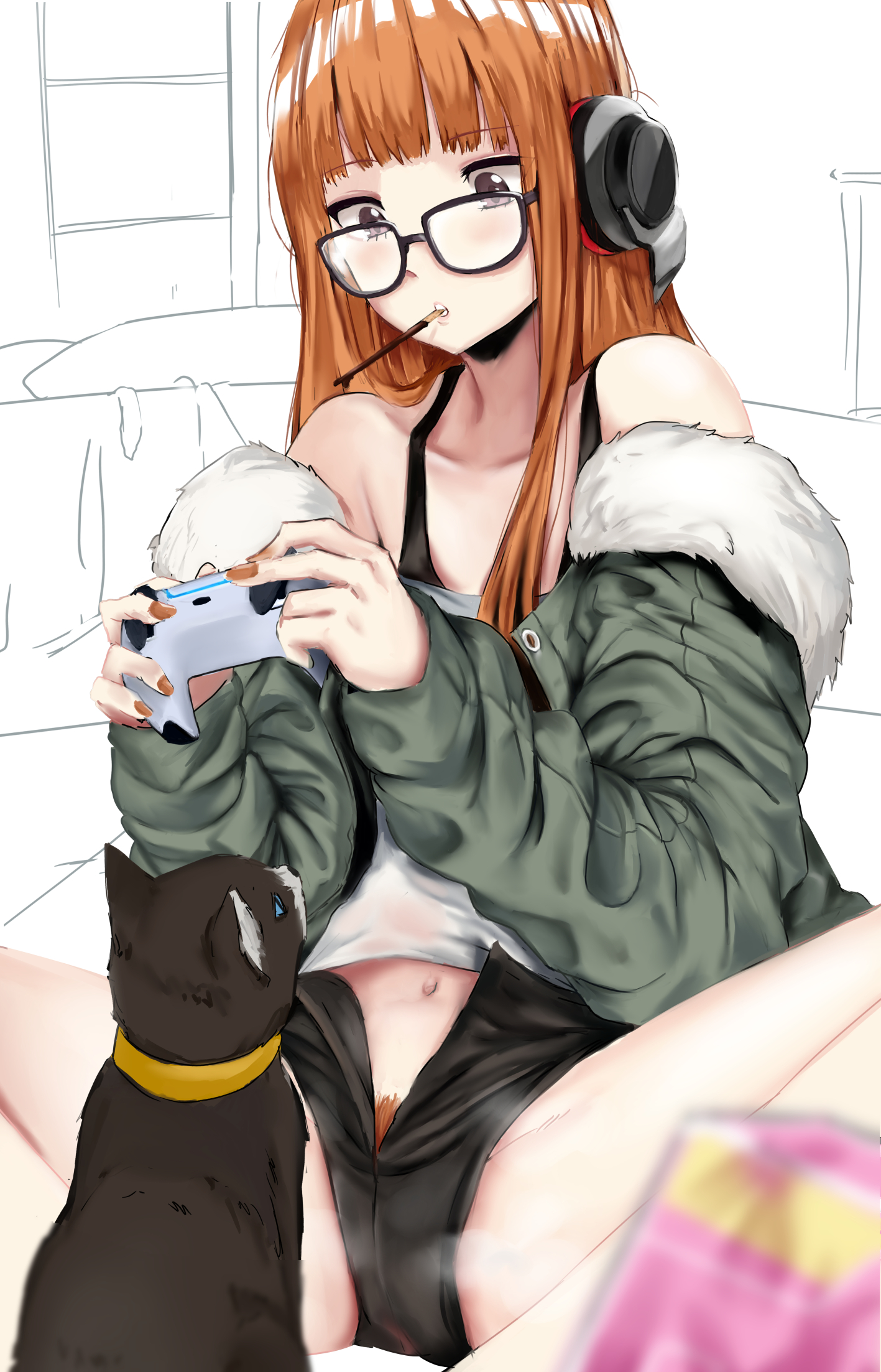 1girls, bedroom, belly, belly button, blue eyes, blush, controller, erisartwork, eyebrows, eyebrows visible through hair, feline, female, female pubic hair, fully clothed, fur coat, gamer girl, glasses, headphones, legs apart, long hair, looking down, male, morgana (persona), musk, musk clouds, musky, nerd, nerdy female, no panties, orange hair, orange nails, painted nails, persona, persona 5, pocky, ps5 controller, pubic hair, pubic hair peek, purple eyes, sakura futaba, shorts, sitting, smell, smelly, steam, steamy, sweat, sweatdrop, sweating, sweaty, thick thighs, unbuttoned, yellow collar