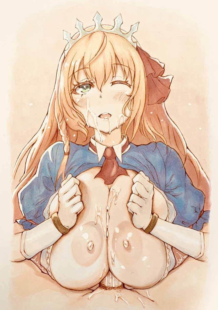 areolae, blonde hair, breasts, breasts out, clothing, crown, cum, cum on face, cumming, female, green eyes, hair ornament, huge breasts, long hair, nipples, outercourse, paizuri, partially nude, pecorine, princess, princess connect!, princess connect! re:dive, smiling, unknown artist