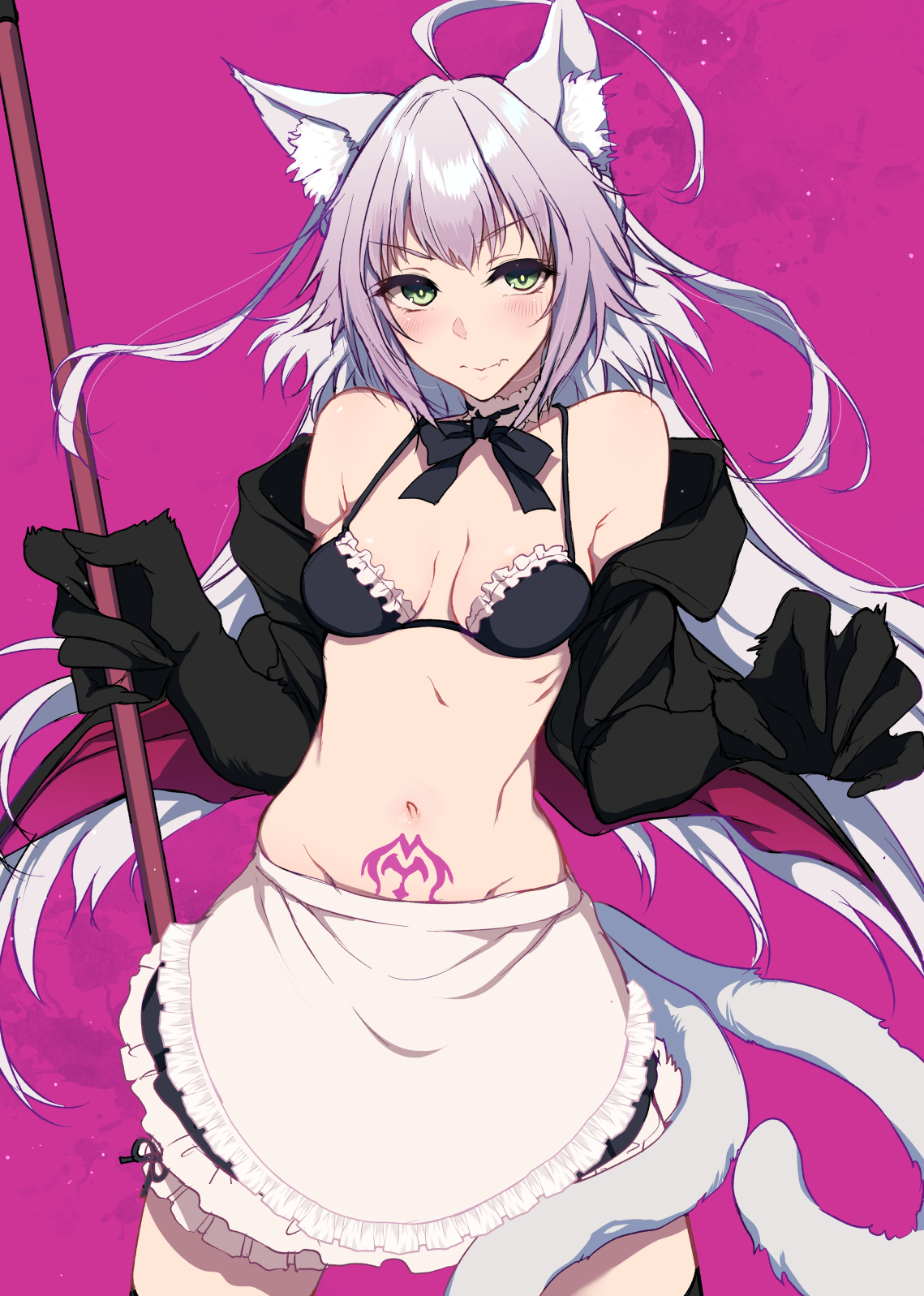 1girls, agrius metamorphosis, ahoge, animal ears, apron, artoria pendragon, artoria pendragon (all), artoria pendragon (alter swimsuit rider) (cosplay), artoria pendragon (alter swimsuit rider) (fate), artoria pendragon (alter swimsuit rider) (second ascension) (cosplay), artoria pendragon (alter) (cosplay), atalanta (alter) (fate), atalanta (fate), bangs, bikini, bikini top, blush, breasts, cat ears, commentary, commentary request, cosplay, eyebrows visible through hair, fang out, fate (series), fate/grand order, female, female only, green eyes, highres, hood, hoodie, jacket, long hair, looking at viewer, multi tail, oerba yun fang, paws, pochi (pochi-goya), pubic tattoo, silver hair, small breasts, solo, solo female, swimsuit, tail, tails, tattoo, waist apron