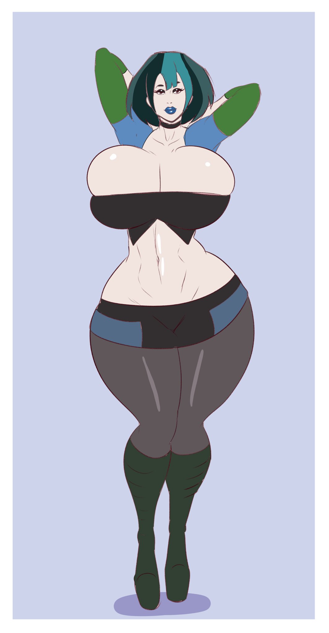1girls, annon, arms behind back, bimbo, bimbofication, black eyes, boots, breasts, bursting breasts, busty, child bearing hips, choker, cleavage, curvy, eyeshadow, female, female only, goth, green hair, green lipstick, gwen (tdi), hands behind head, high heel boots, high heels, hourglass figure, huge breasts, large breasts, light skin, light-skinned female, long sleeves, looking at viewer, midriff, navel, pale skin, pale-skinned female, pantyhose, pinup, posing, short hair, skimpy, solo, thick thighs, tight clothing, total drama island, voluptuous, wide hips