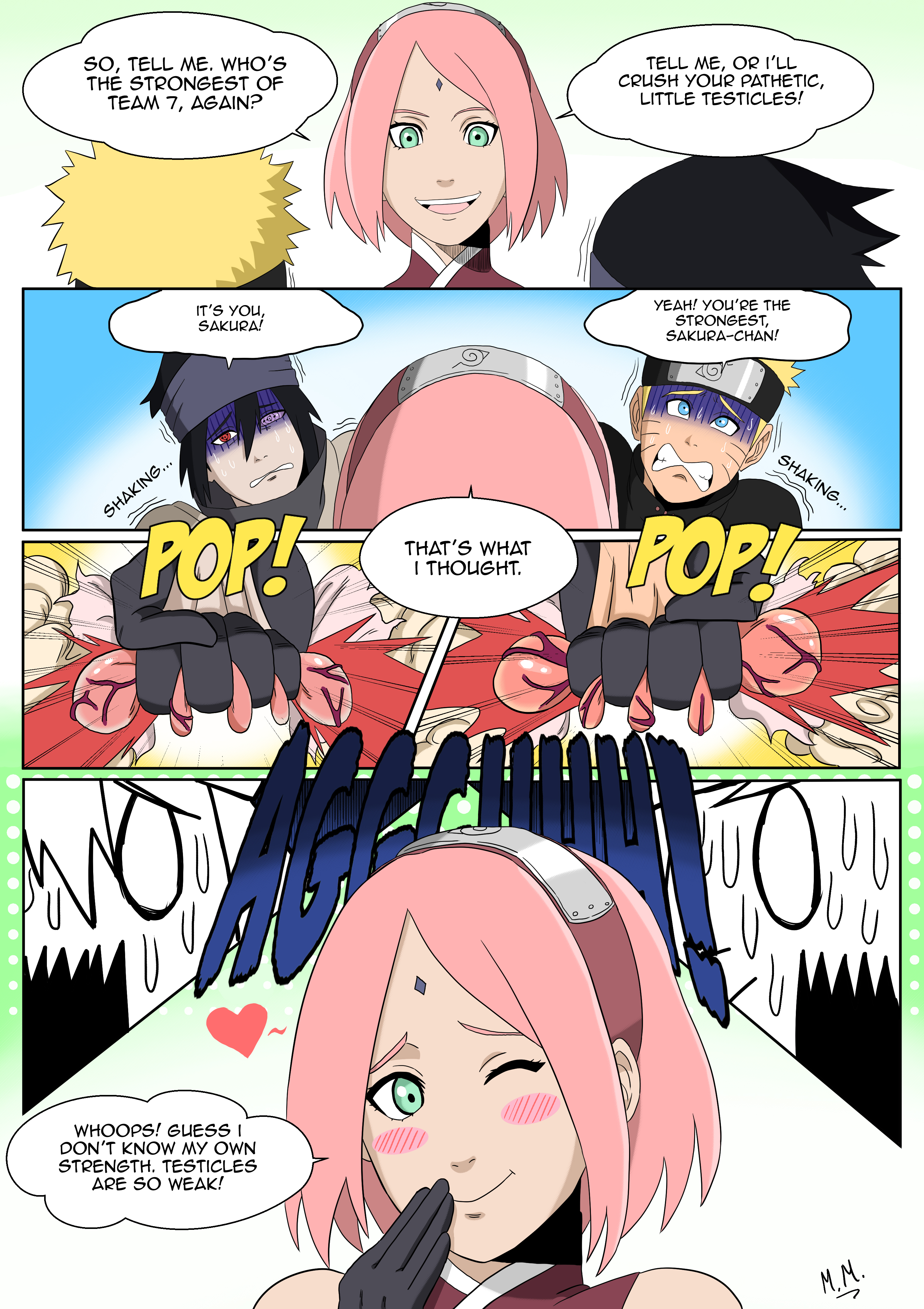 1girls, 2boys, ballbusting, balls, balls grab, castration, castration threat, cock and ball torture, cock and balls torture, dialogue, female, female domination, femdom, funny, green eyes, male, monkeeman0918, naruto, naruto (series), naruto shippuden, naruto: the last, pain, painful, penis, pink hair, sakura haruno, sasuke uchiha, short hair, squeezing balls, straight, testicles, uzumaki naruto