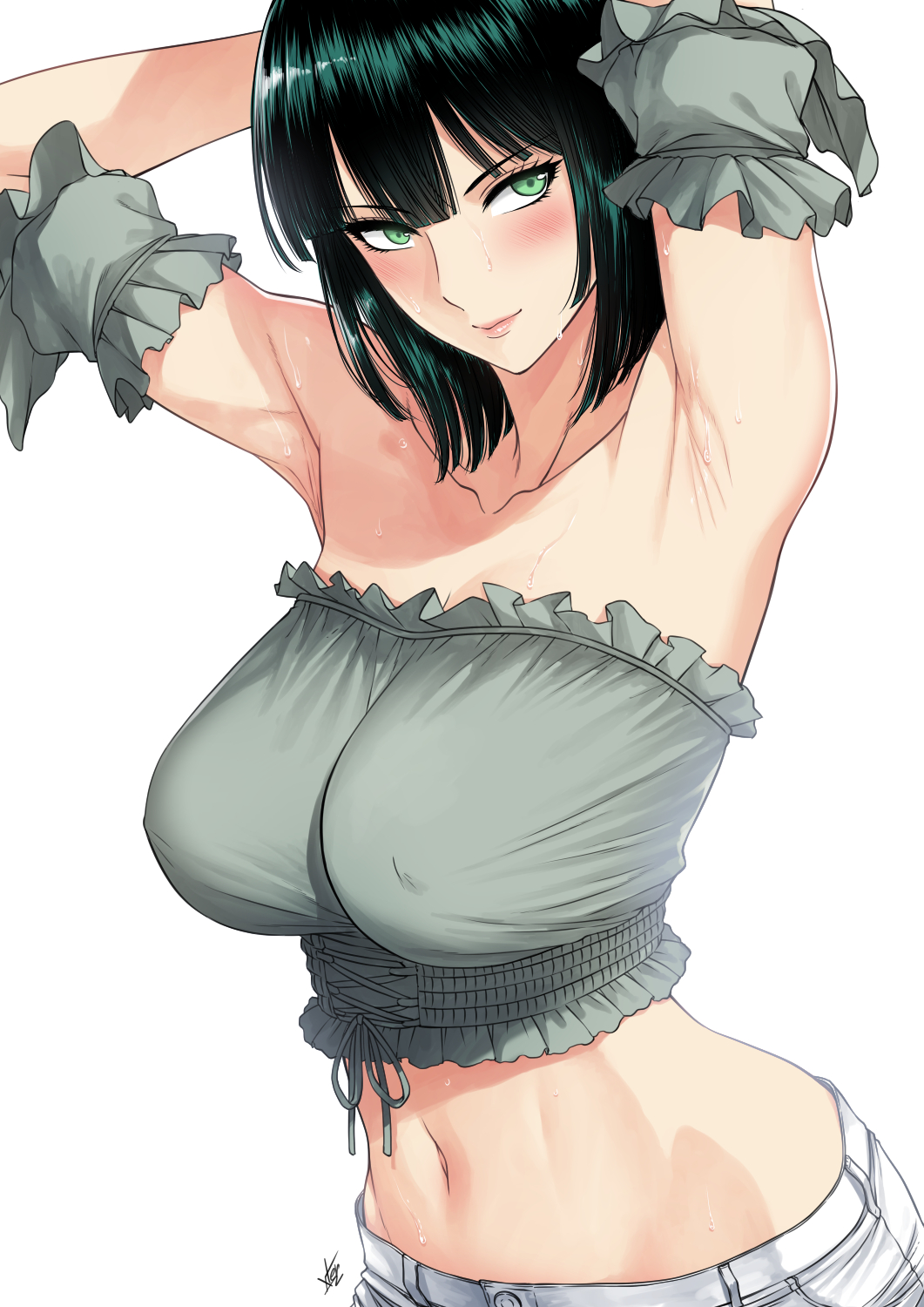 1girls armpit armpit_lips armpits arms_behind_head arms_up bare_shoulders belly black_hair blush breasts closed_mouth collarbone detached_sleeves eyebrows eyelashes female frilled_sleeves frills fubuki_(one-punch_man) green_eyes hair_between_eyes highres huge_breasts large_breasts lips looking_at_viewer looking_away mouth_closed navel nipple_bulge nipples nipples_through_clothes nipples_visible_through_clothing no_bra one-punch_man see-through short_hair shorts simple_background smile solo stomach strapless sweat sweatdrop tight_top tight_topwear top topwear white_background white_shorts xter xtermination