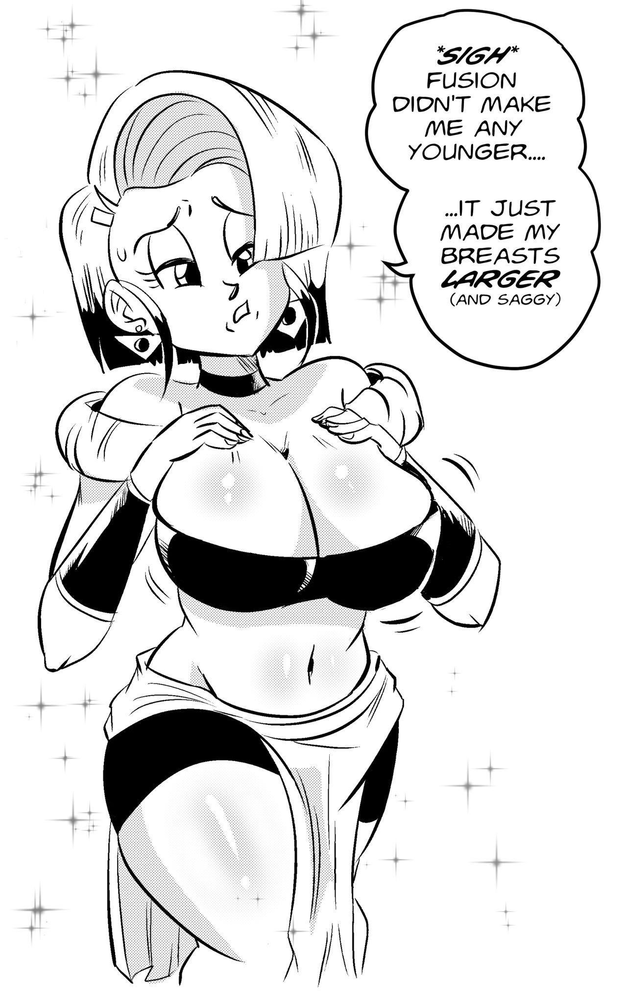 1girls, big breasts, big thighs, breasts, bulma, bulma briefs, chichi, cleavage, dragon ball, dragon ball gt, female, female focus, female only, fully clothed, funsexydragonball, fusion, fusion character, huge breasts, milf, monochrome, revealing clothes, sagging breasts, shounen jump, solo, text, unhappy, unhappy female