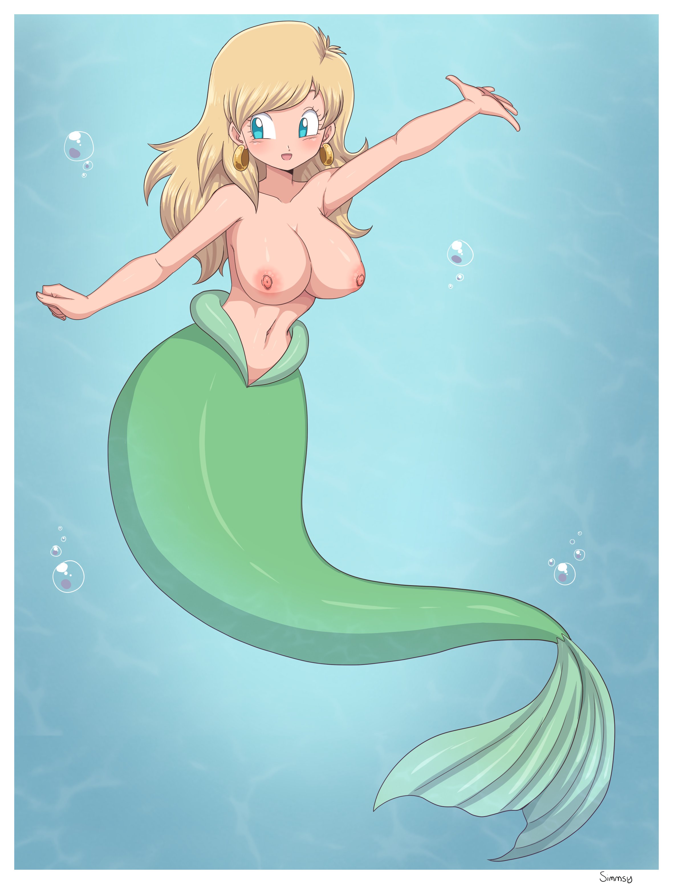 1girls, alternate species, areolae, blonde, blonde hair, breasts, dragon ball, dragon ball super, dragon ball z, earrings, erasa, exposed breasts, female, female only, green tail, hoop earrings, jpeg, merfolk, mermaid, naked, nipples, nude, shounen jump, simmsy, smile, solo, tail, underwater