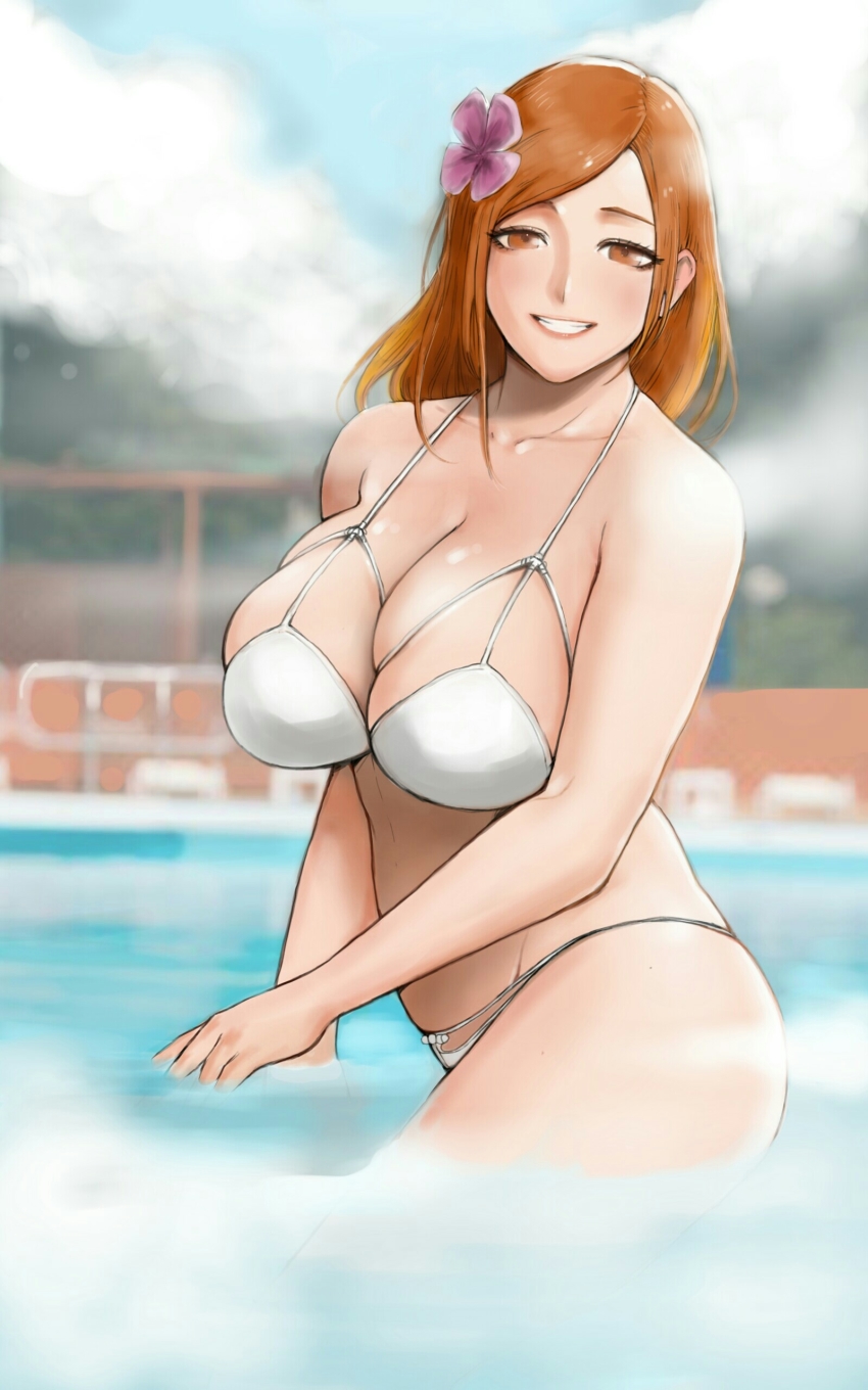 1girls, bikini, bleach, breasts, female, female only, flower in hair, hazel eyes, huge breasts, inoue orihime, jonbear (artist), long hair, looking at viewer, orange hair, pool, solo, swimsuit, voluptuous