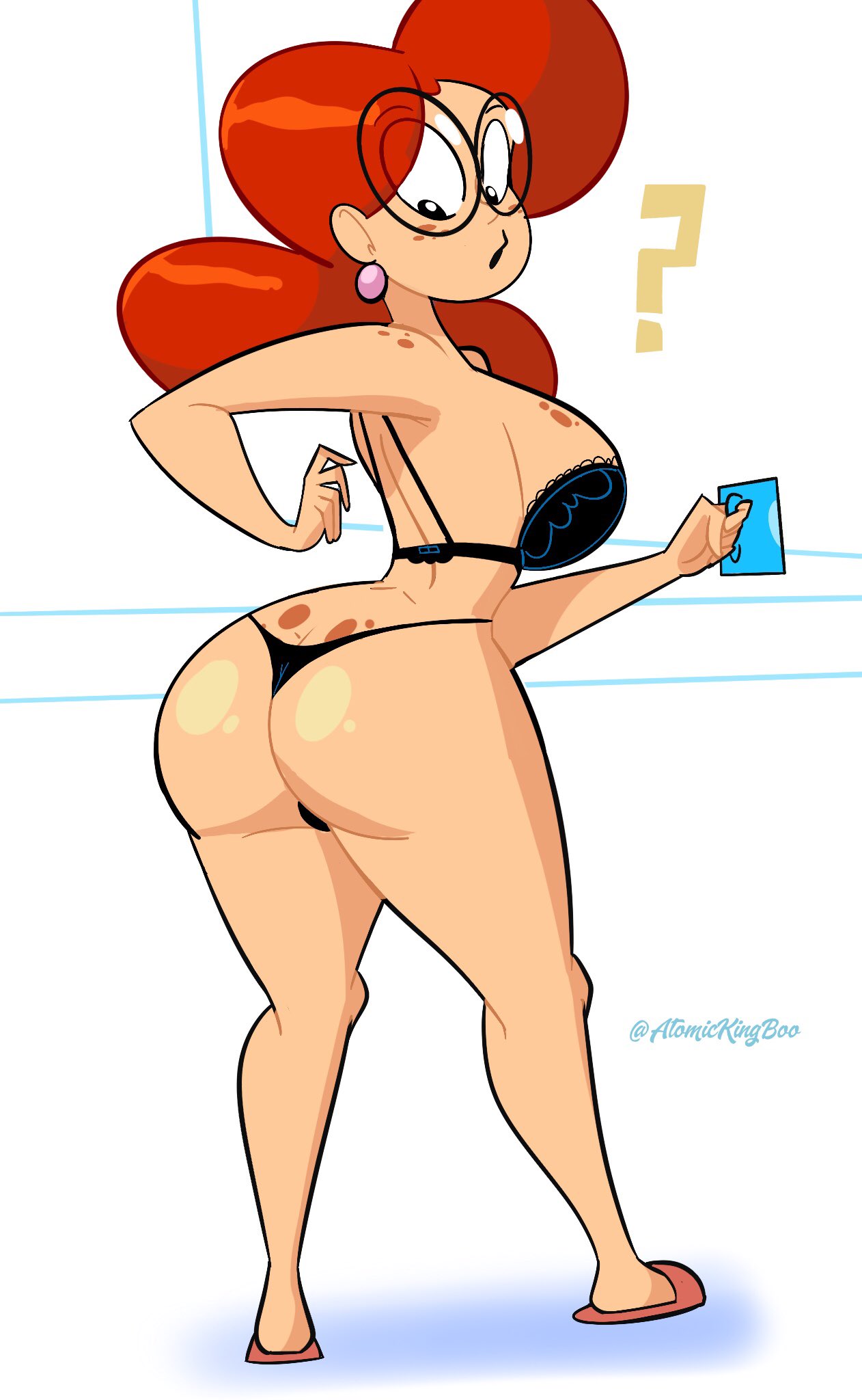 1girls, alternate version available, artist name, ass, atomickingboo, big ass, big breasts, bra, breasts, clothing, ear piercing, earrings, female, female only, freckles, glasses, hips, huge breasts, legs, long hair, looking back, nerd, oc, original, original character, panties, piercing, red hair, skimpy, solo, solo female, terra mandrile, the besties (atomickingboo), thick, thick thighs, thighs, upper body, voluptuous, watermark, wide hips