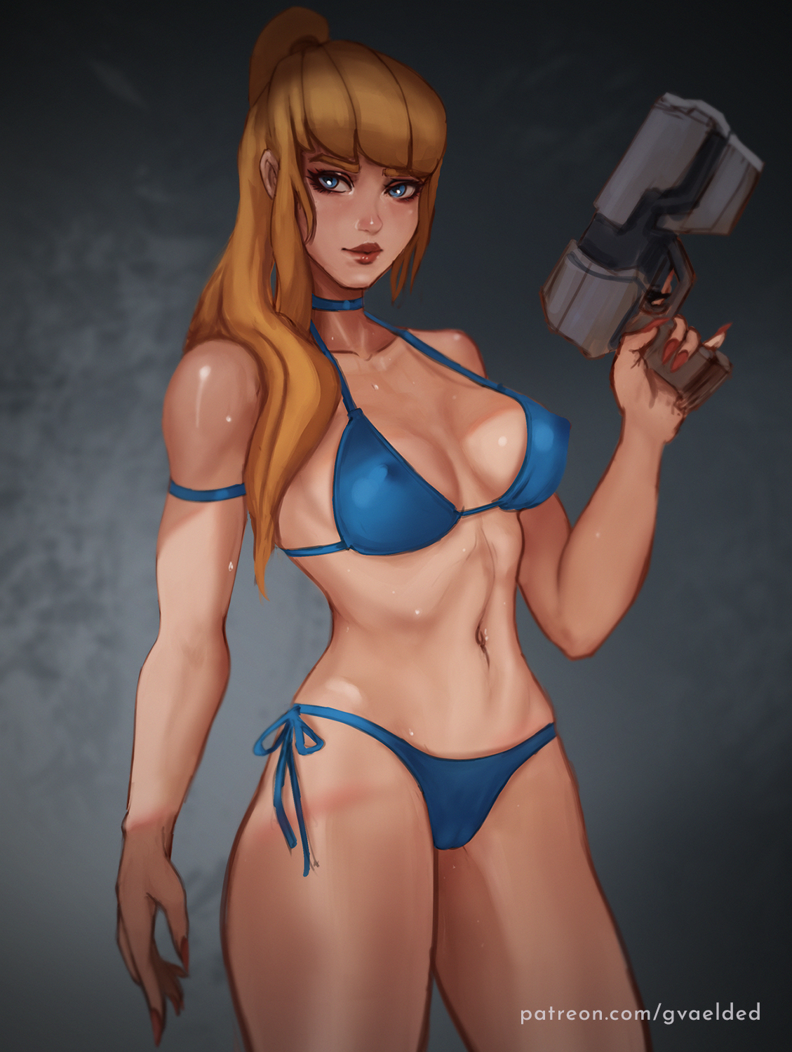 athletic, bikini, blonde hair, blue eyes, female, gun, gvaelded, hair over shoulder, long hair, long nails, metroid, nintendo, ponytail, red nails, samus aran, simple background, thick thighs, thighs