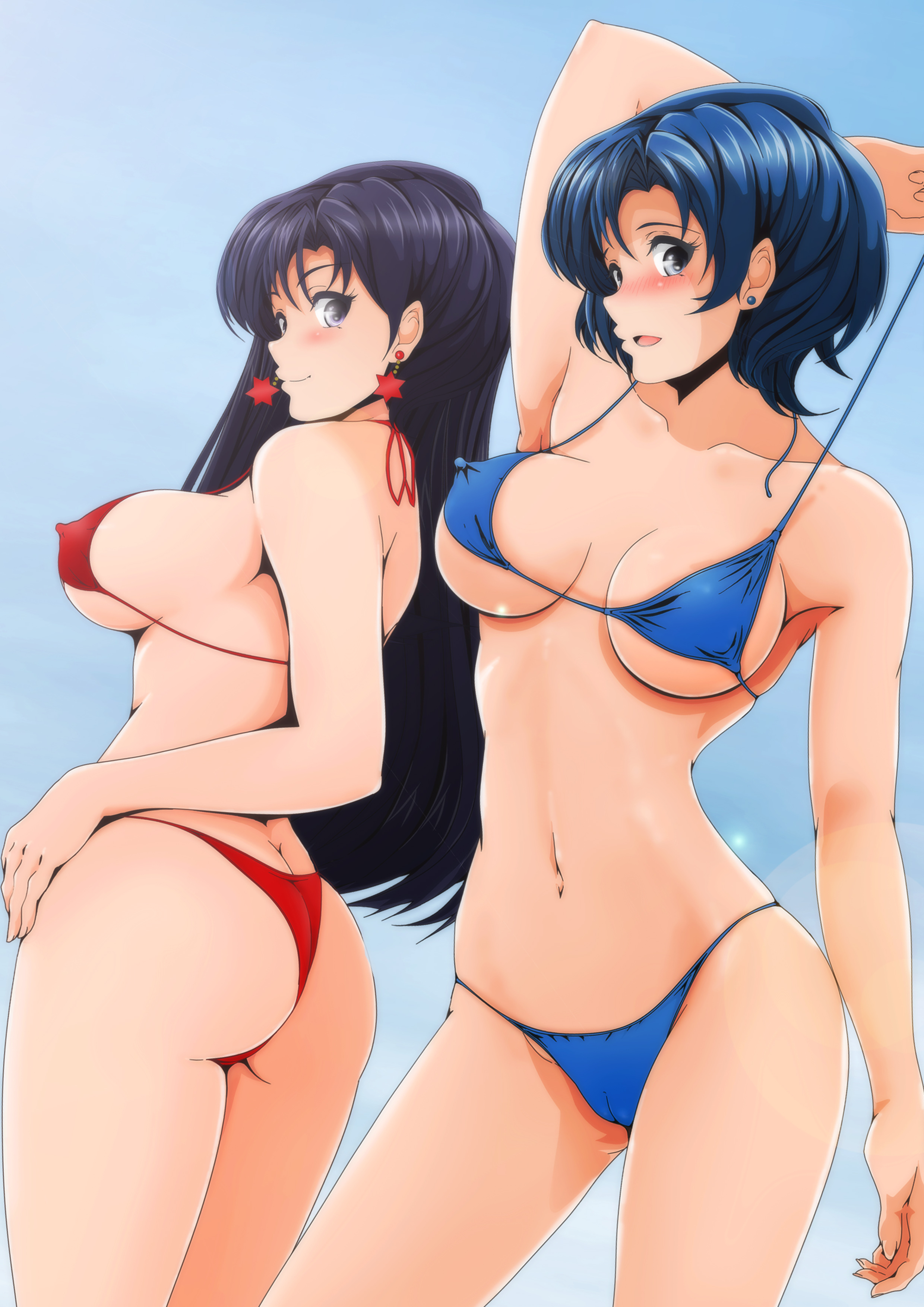 2girls, ami mizuno, armpits, ass, big breasts, bikini, bishoujo senshi sailor moon, black hair, blue hair, blush, breasts, bubble ass, bubble butt, cameltoe, earrings, erect nipples, female, female only, large breasts, long hair, multiple females, multiple girls, nanashi noiji, nipples, pussy, rei hino, short hair, small breasts, swimsuit, undressing