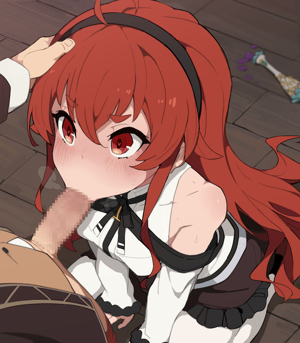 1boy, 1girls, aphrodisiac, black skirt, blowjob, blush, censored, clothed, clothed female, clothed sex, clothes, clothing, duo, eris greyrat, fellatio, female, fully clothed, fully clothed female, hand on head, headband, headwear, kageoji (kakure), kakure eria, kneeling, long hair, male, mushoku tensei, open eyes, open mouth, oral, penetration, penis, red eyes, red hair, rudeus greyrat, sex, shirt, skirt, socks, spread legs, straight, teenager, teenager on teenager, thighhighs, white legwear, white socks