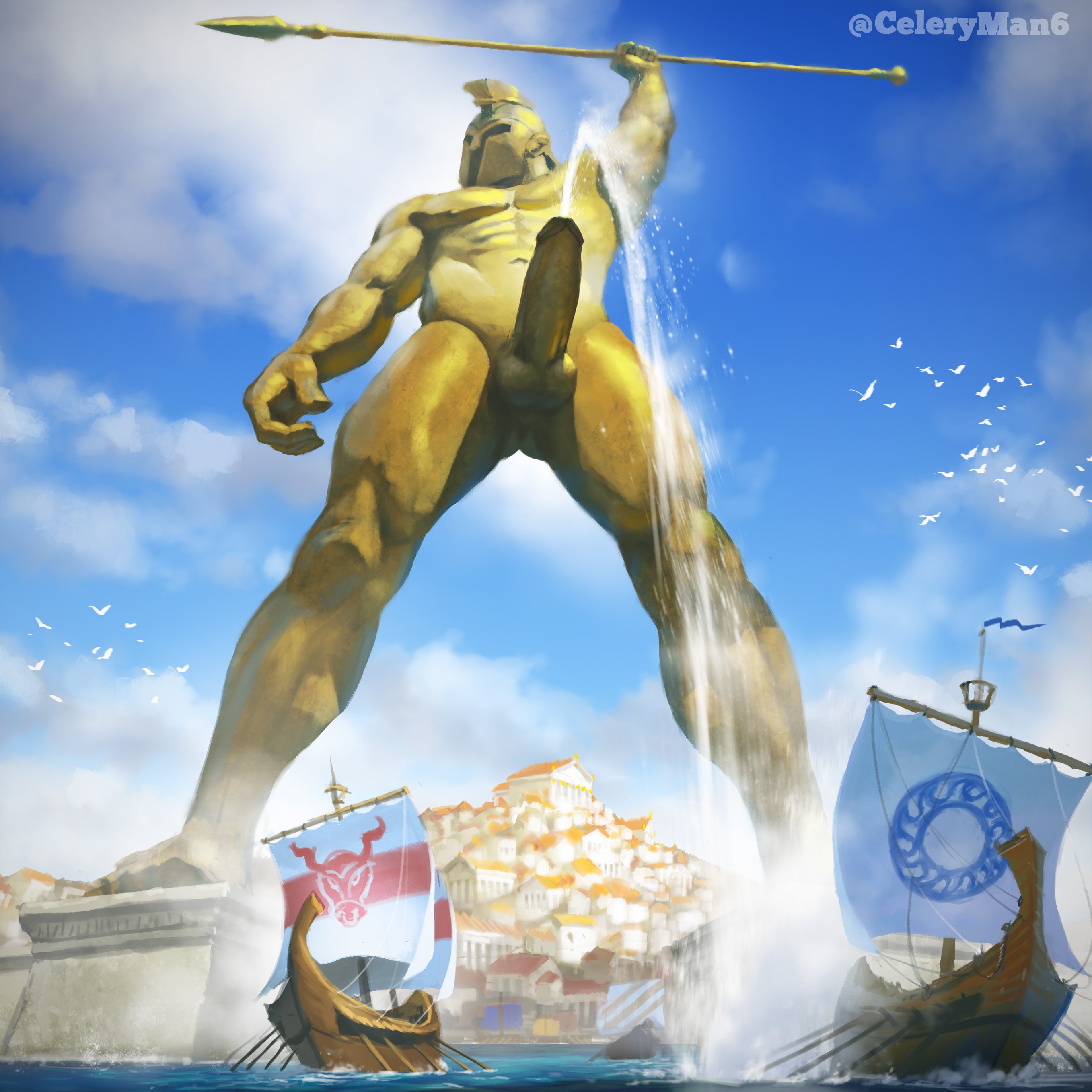1boy, abs, biceps, celery man6, colossus of rhodes, fountain, giant, giant male, greek mythology, huge cock, macro, macro male, macrophilia, male, male only, muscular, nude, pecs, penis, pissing, solo focus, statue, thick thighs, warrior