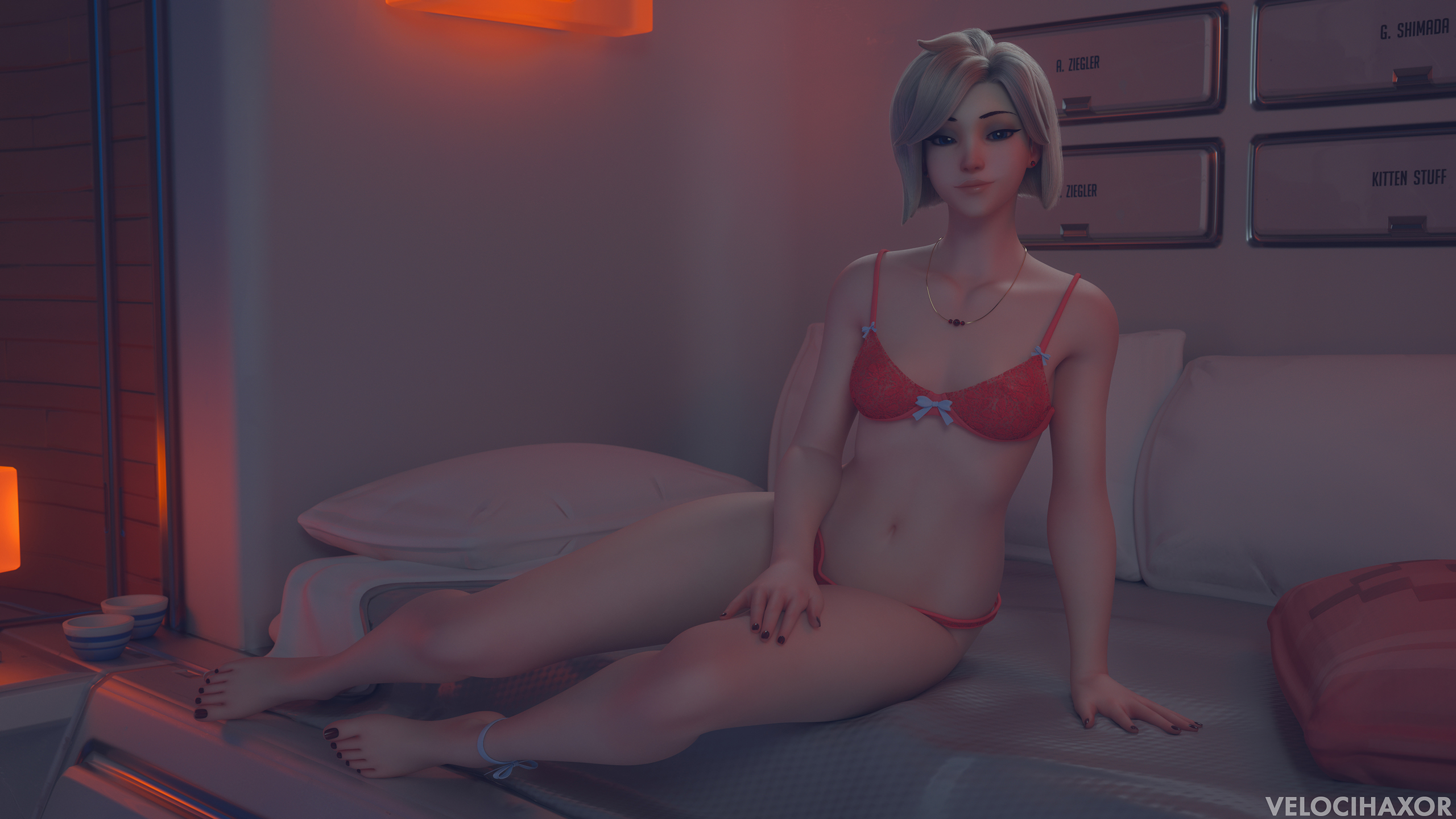1girls, 3d, bra, breasts, female, female only, looking at viewer, mercy, overwatch, panties, red toenails, velocihaxor