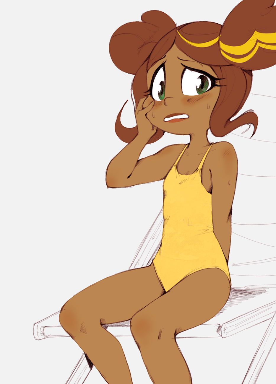 1girls, bumblebee (dc), clothed, cutegraphite, dark skin, dark-skinned female, dc, dc comics, dc super hero girls, female, female only, flat, flat chest, flat chested, green eyes, hand on face, karen beecher, karen beecher (shg), one-piece swimsuit, sole female, solo, solo female, swimsuit, yellow one-piece swimsuit, yellow swimsuit