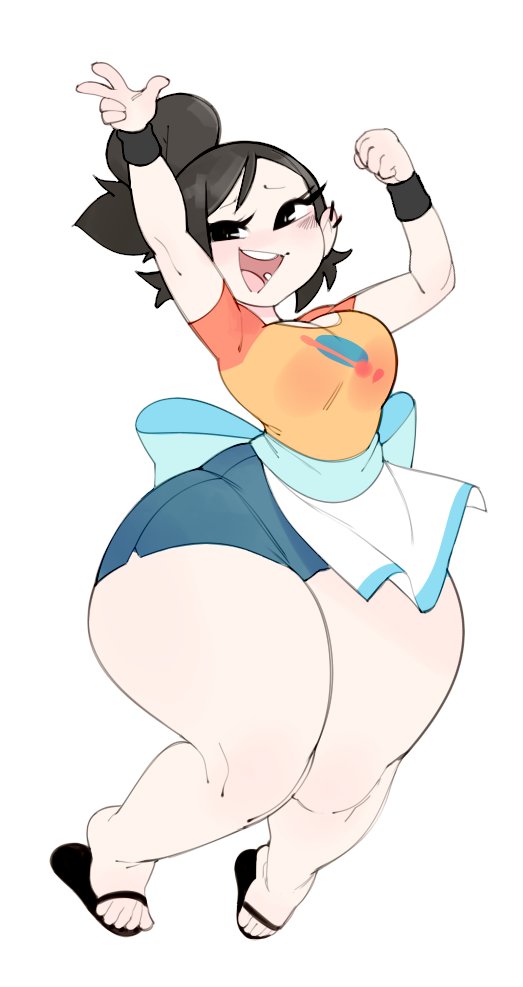 1girls, apron, asian, ass, big ass, big thighs, bottom heavy, breasts, bulumble-bee, chibi, fat ass, female, huge ass, huge hips, huge thighs, hyper, hyper ass, mizuki (bulumble-bee), short shorts, smile, thick thighs, tight clothing, wide hips