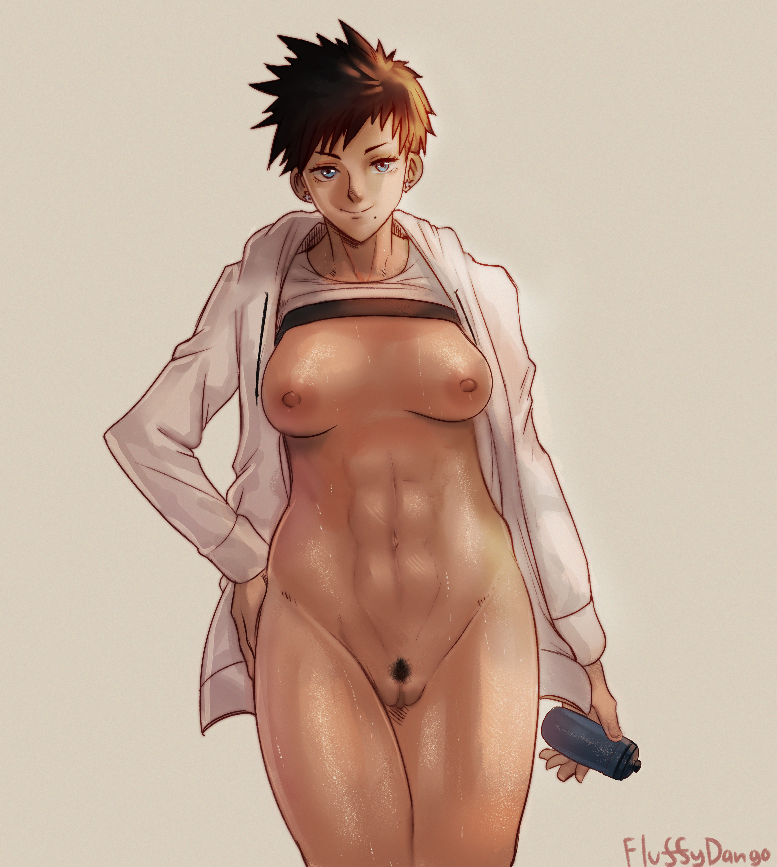 1girls, abs, areola, beauty mark, big areola, big clitoris, big nipples, breasts, clitoral hood, clitoris, dark skin, female, female only, fluffydango, hoodie, mole, muscular, muscular female, nipples, one-punch man, partially clothed, perky breasts, plump labia, pubic hair, puffy areola, pussy, short black hair, short hair, smile, solo, solo focus, spiky hair, suiko (one-punch man), sweat, tan skin, tan-skinned female, thick thighs, thighs, tomboy, very short hair, water bottle