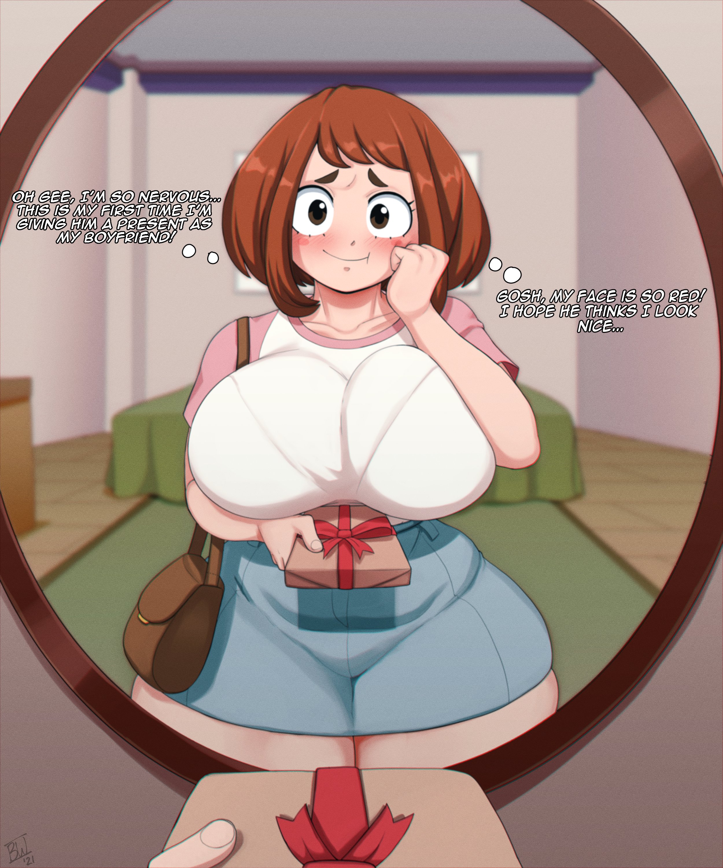 1girls, alternate ass size, alternate body type, alternate breast size, blackwhiplash, blush, breasts, brown eyes, brown hair, english text, favorite, female, female only, huge breasts, huge thighs, massive thighs, my hero academia, ochako uraraka, short hair, shounen jump, tagme, text, thick thighs, voluptuous, wide hips, wide thighs
