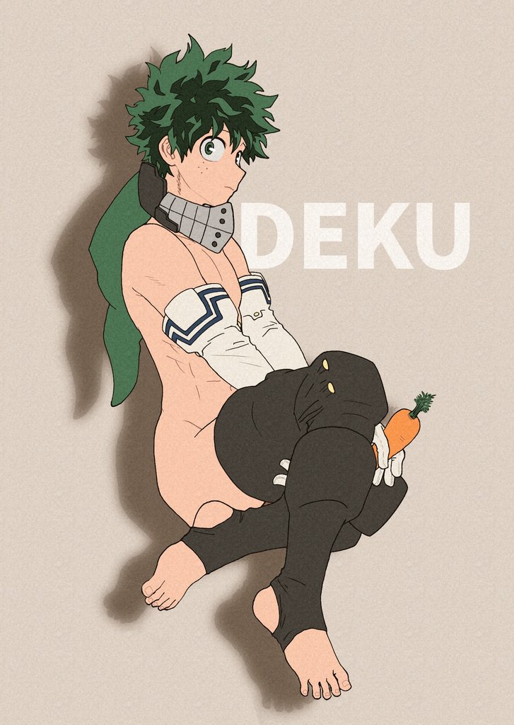 1boy, bare shoulders, bottomless, carrot, elbow gloves, feet, femboy, freckles, gloves, green eyes, green hair, izuku midoriya, male, male only, mask, my hero academia, simple background, solo, toeless legwear, toes, toned, topless
