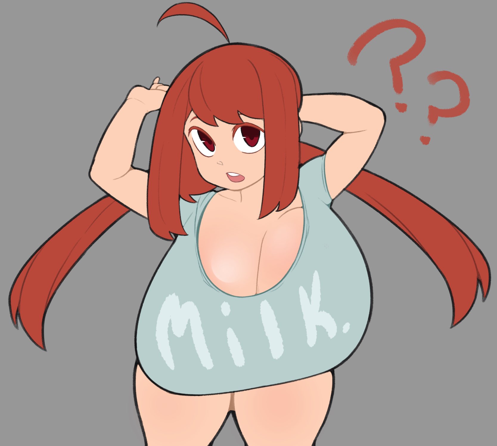 ?, ??, big breasts, breasts, cleavage, female, hands behind head, huge breasts, iris (vammzu), leaning forward, long hair, mega milk, milk, open mouth, red eyes, red hair, stretching, thick thighs, twintails, vammzu
