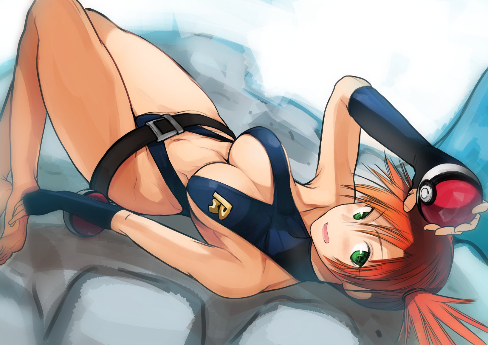 alternate costume, ass, barefoot, belt, big breasts, blush, breasts, center opening, cleavage, female, fingerless gloves, gloves, green eyes, gym leader, highleg, highleg swimsuit, highres, holding, holding poke ball, huge ass, kasumi (pokemon), large breasts, legs, long legs, lying, multiple sources, navel, nintendo, nishiide kengorou, on back, one-piece swimsuit, orange hair, poke ball, pokemon, pokemon rgby, red hair, redhead, short hair, side ponytail, smile, solo, swimsuit, the electric tale of pikachu, thighs, turtleneck