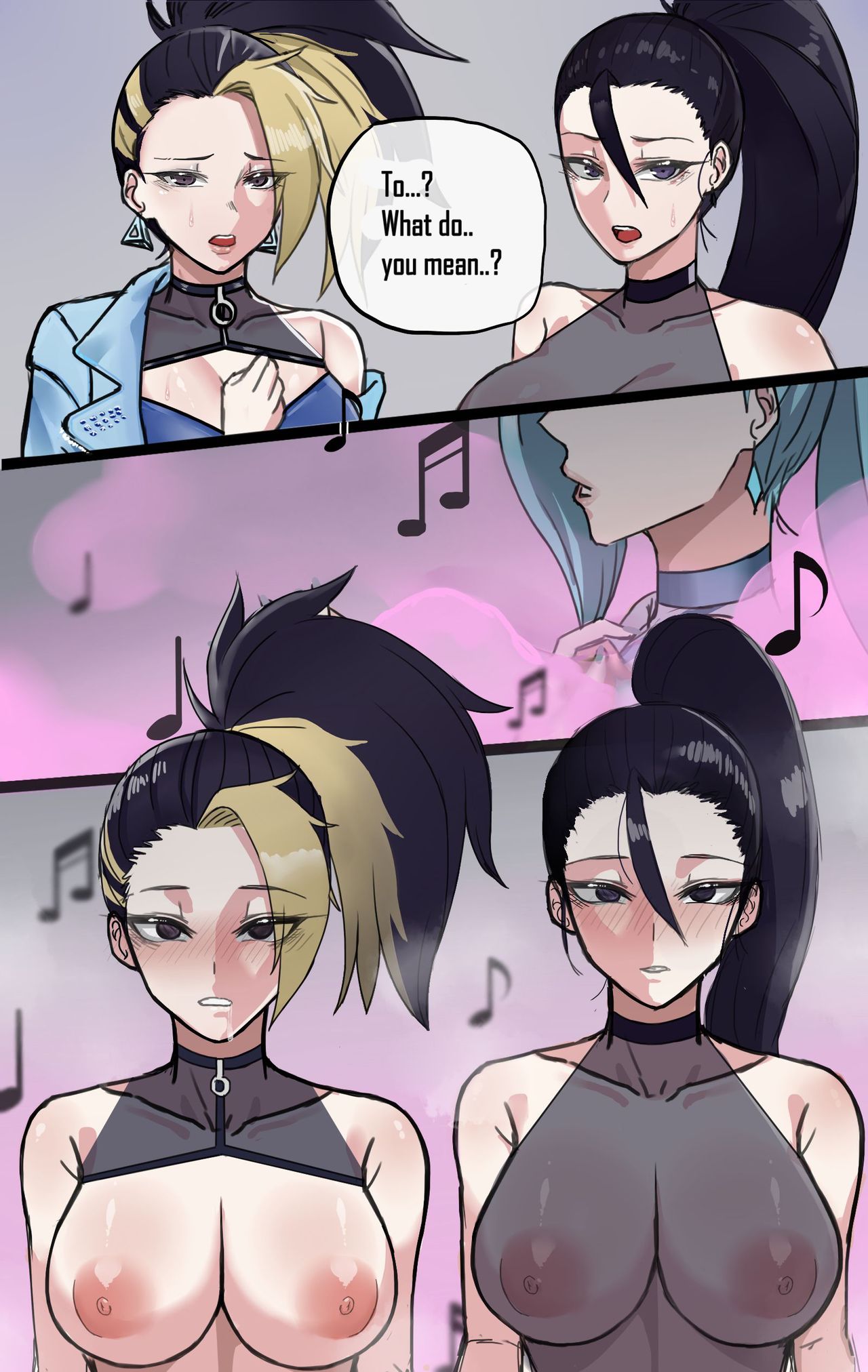 akali, areolae, big breasts, black hair, blue hair, breasts, chihel, cleavage, drooling, empty eyes, female, female only, hypnosis, k/da all out akali, k/da all out kai'sa, k/da all out seraphine, k/da all out series, k/da series, kai'sa, large breasts, league of legends, mind control, multicolored hair, nipples, nude, see-through, see-through clothing, seraphine (league of legends), singing, topless, translated, undressed, very long hair