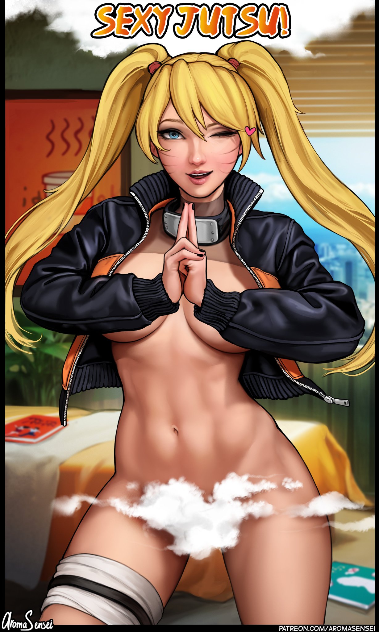 1girls, alternate version available, areola, areolae, aroma sensei, black nails, blonde hair, blue eyes, bottomless, breasts, busty, digital media (artwork), female, female only, gender transformation, genderswap, genderswap (mtf), hand seal, kunoichi, light skin, light-skinned female, nail polish, naruko, naruto, naruto (series), naruto shippuden, no bra, panties, piercing, rule 63, sexy no jutsu, shounen jump, solo, stirrup legwear, stirrup socks, tied hair, transformation, twintails, upper body, uzumaki naruto, whisker markings, wink