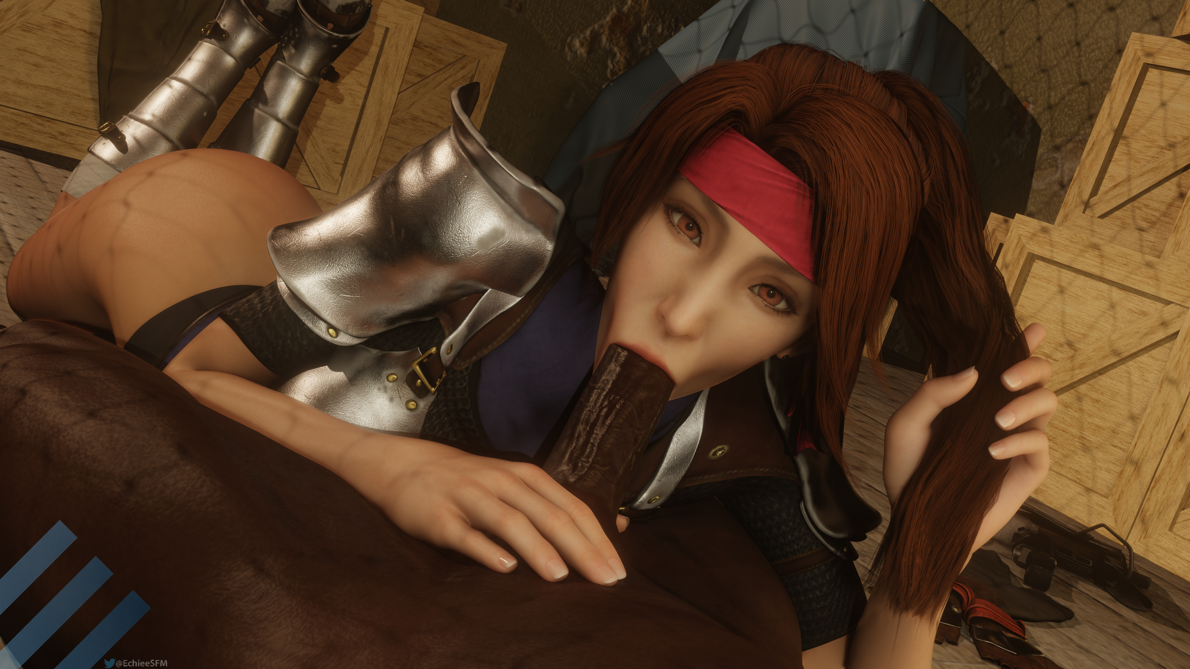1boy, 1girls, 3d, big penis, blowjob, blowjob face, clothed female nude male, dark skin, dark-skinned male, echiee, female, female on top, final fantasy, final fantasy vii, final fantasy vii remake, holding hair, interracial, jessie rasberry, light skin, light-skinned female, lying on back, male, partial male, penis, ponytail, seventh heaven customer