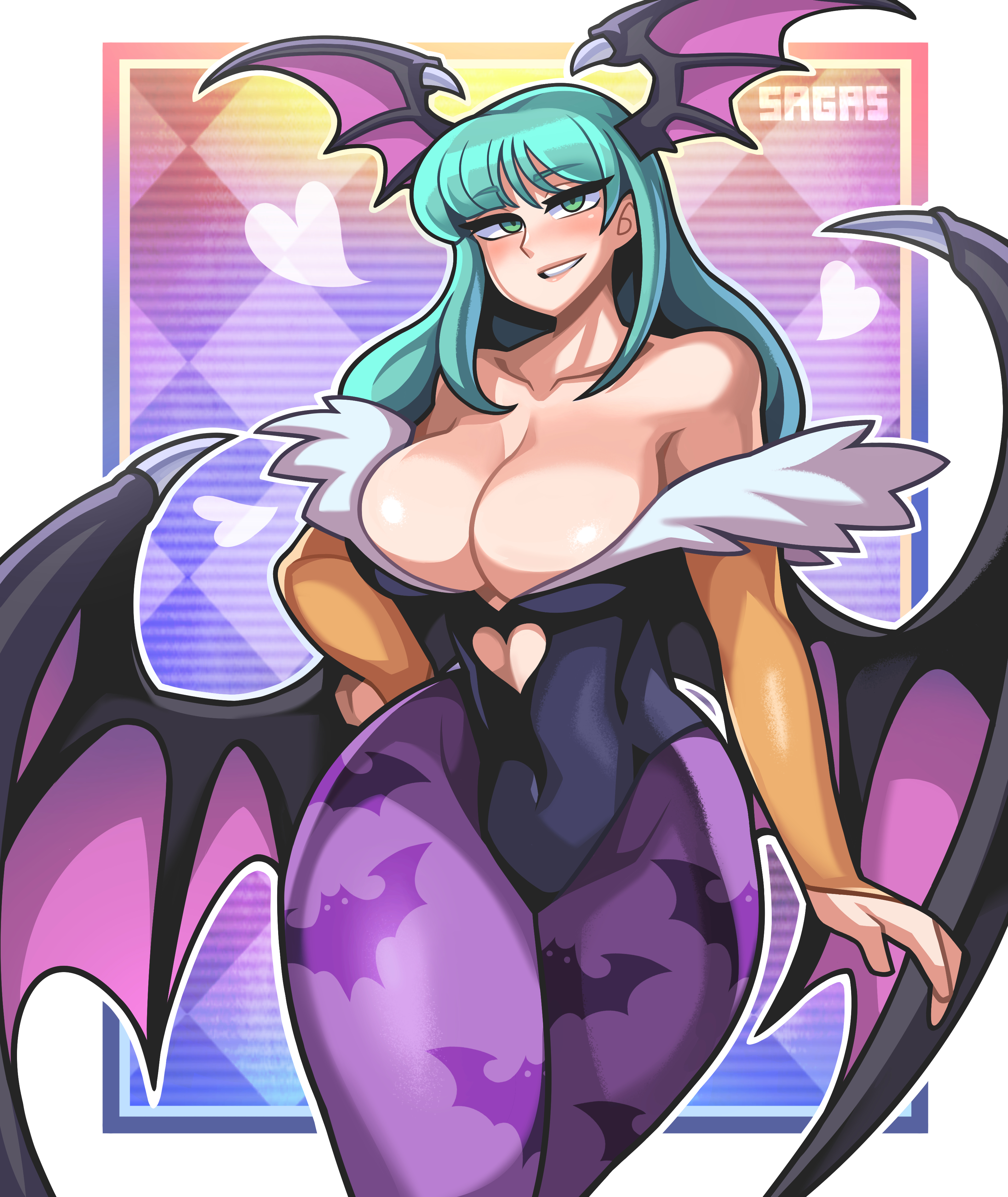 1girls, animal print, bat print, bat wings, bats, big breasts, black leotard, black wings, breasts, capcom, checkered, checkered background, cleavage, clothing, clothing cutout, darkstalkers, demon, demon girl, demon wings, detached sleeves, eyebrows, eyebrows behind hair, female, female only, fur trim, green eyes, green hair, hand on hip, head wings, heart, heart background, heart cutout, high resolution, large breasts, leotard, long hair, looking at viewer, medium breasts, milf, morrigan aensland, orange sleeves, pantyhose, print legwear, purple legwear, sagas, sagas293, seductive smile, sleeves, smile, solo, solo female, succubus, thick, thick thighs, thighs, very high resolution, wings