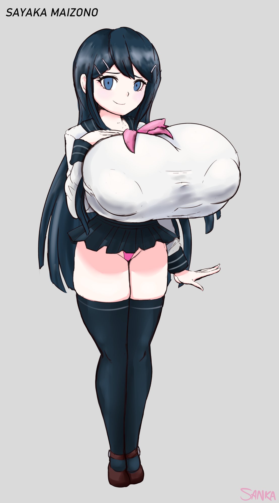 bimbo, black hair, breasts, danganronpa, danganronpa 1, female, gigantic breasts, gigantic nipples, huge breasts, huge nipples, hyper, hyper breasts, impossible clothes, impossible clothing, impossible shirt, iron-0xide, large breasts, looking at viewer, maizono sayaka, massive breasts, nipple bulge, nipples, nipples visible through clothing, panties, ribbon, sanka-tetsu, school uniform, short skirt, skirt, tagme, thighhighs, thong