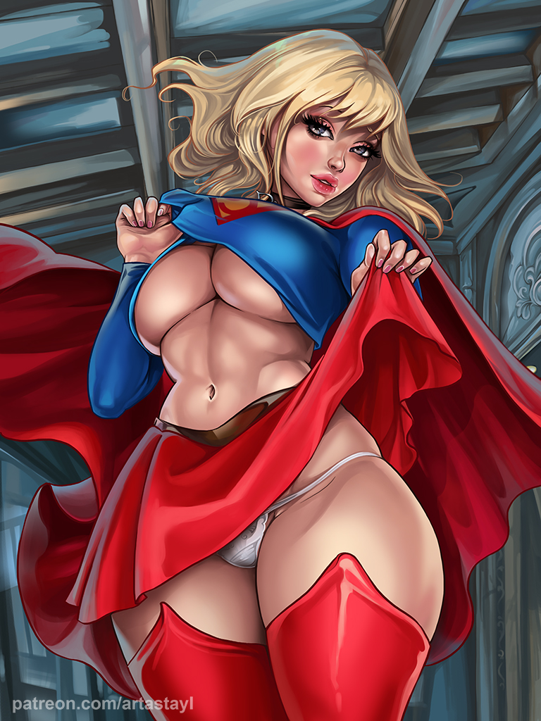 1girls, artastayl, big breasts, breasts, dc, dc comics, female, female only, kara danvers, kara zor-el, lifted by self, nail polish, no bra, painted fingernails, painted nails, panties, skirt, solo, supergirl, superman (series), thick thighs, underboob, upskirt, wide hips