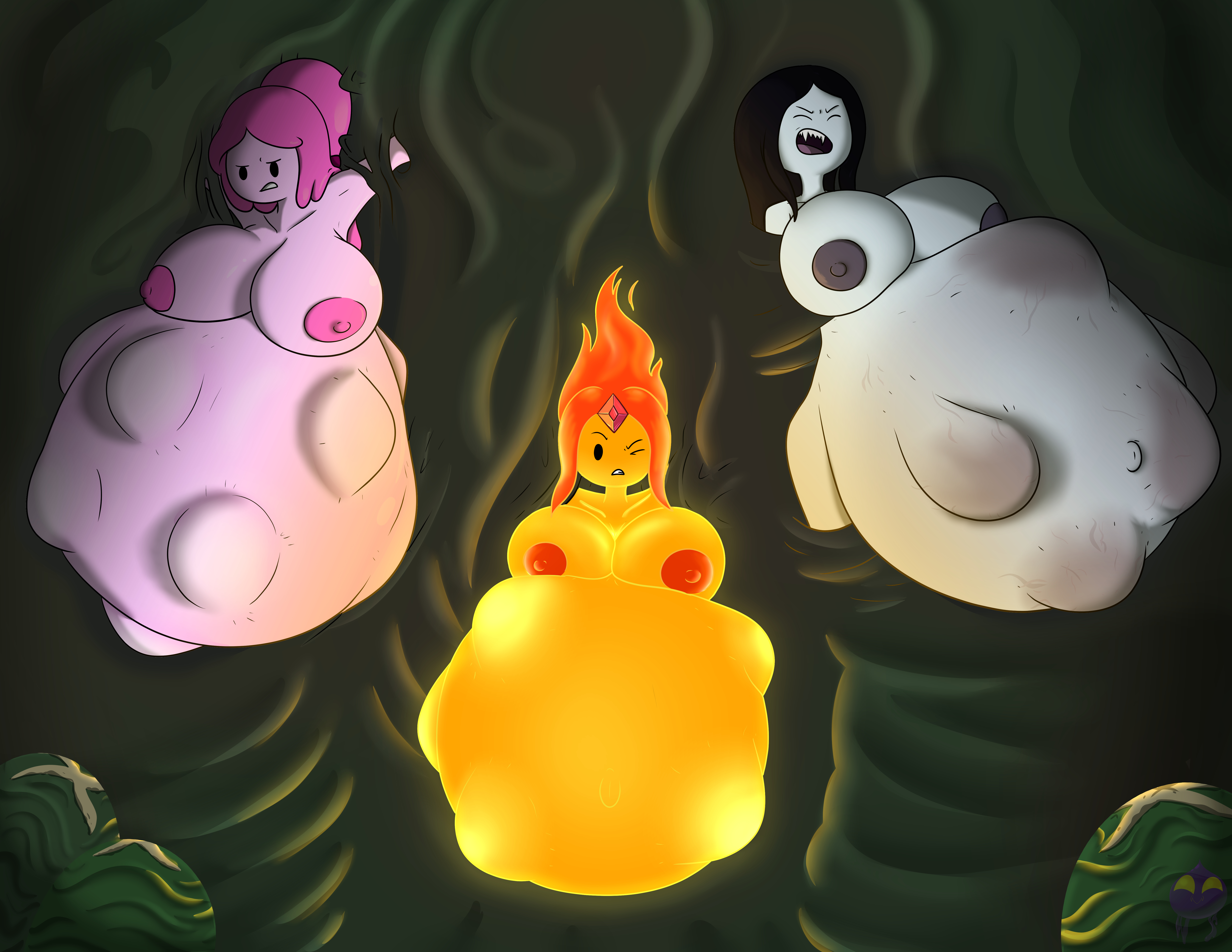 3girls, adventure time, alien, alien (franchise), alien pregnancy, belly, big belly, breasts, female, fetal movement, flame princess, huge belly, large breasts, marceline, multiple females, multiple girls, multiple pregnancies, nipples, pregnant, princess bubblegum, ready to pop, stuck, trapped, wakingslime